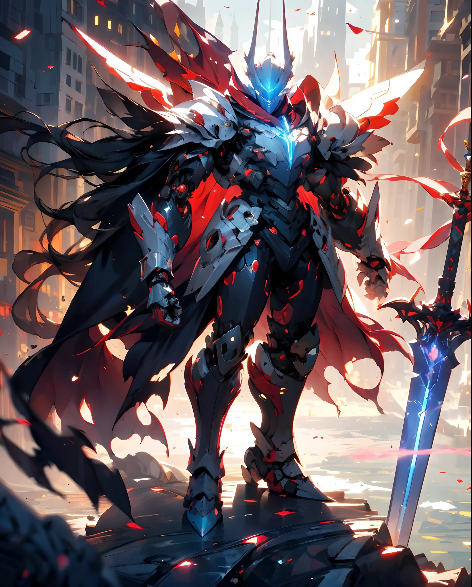 (masterpiece:1.2), best quality,PIXIV,
robot boy,weapon, sword, armor, holding weapon, holding, holding sword, solo, gauntlets, cape, red cape, full armor, helmet, torn cape, male focus, standing, glowing, shoulder armor, red theme, pauldrons, breastplate, torn clothes, greaves, crack, horns, knight, torn, armored boots