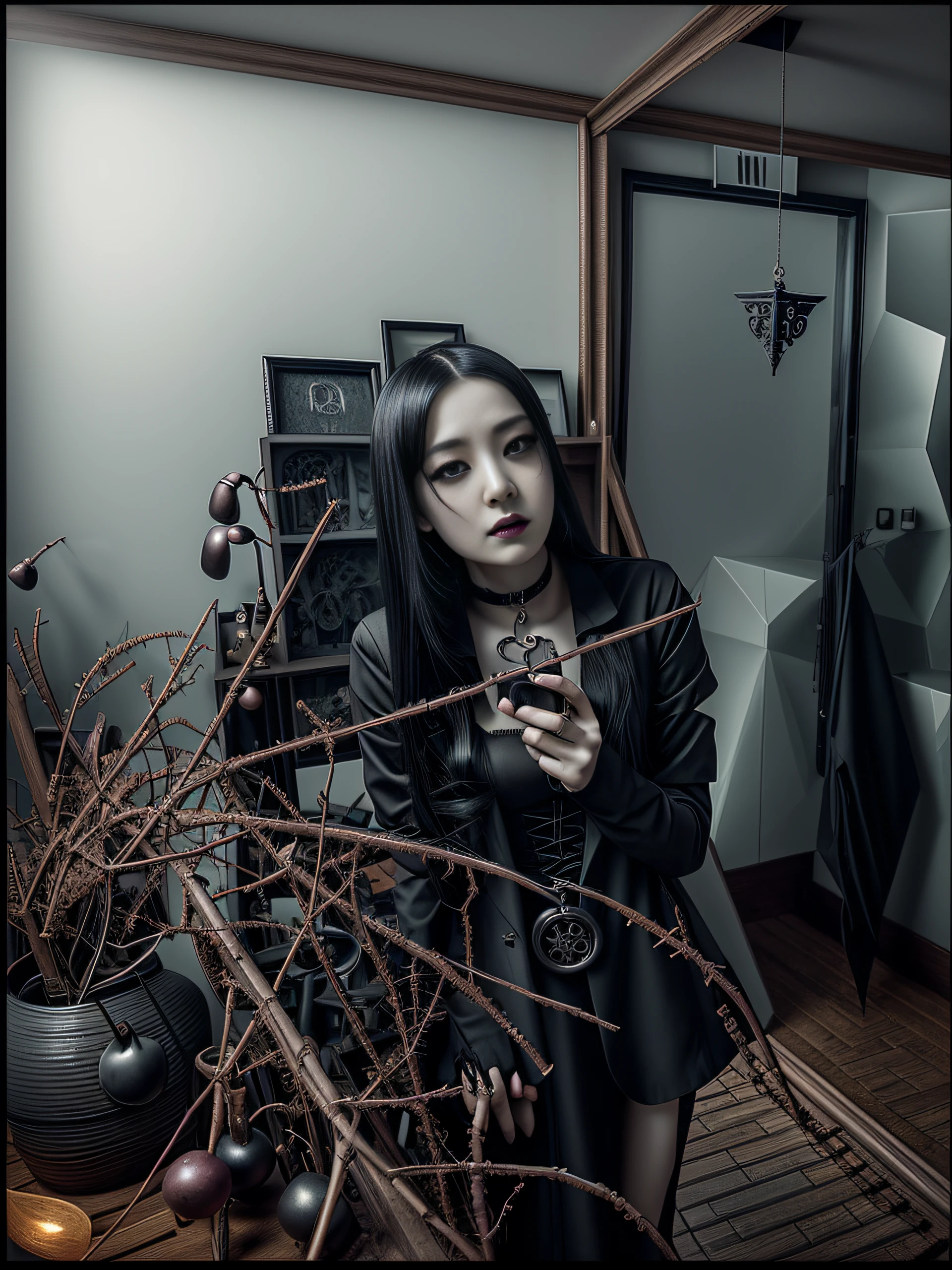 arafed image of a woman with long hair and a choke, cruel korean goth girl, gothic aesthetic, ominous gothic aesthetic, artwork in the style of guweiz, 1 7 - year - old anime goth girl, dark and horror style, dark fantasy style, neo goth, dark art style, goth girl aesthetic, gothic horror vibes, goth aesthetic