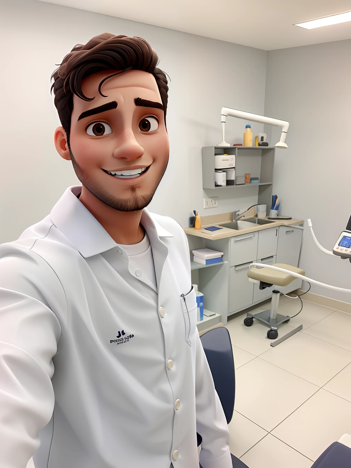 Uma homem dentista, jovem, graves, posando ppara uma foto profissional.