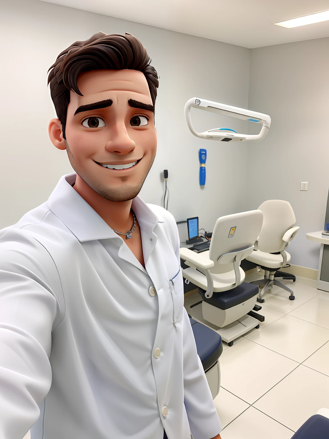 Uma homem dentista, jovem, graves, posando ppara uma foto profissional.