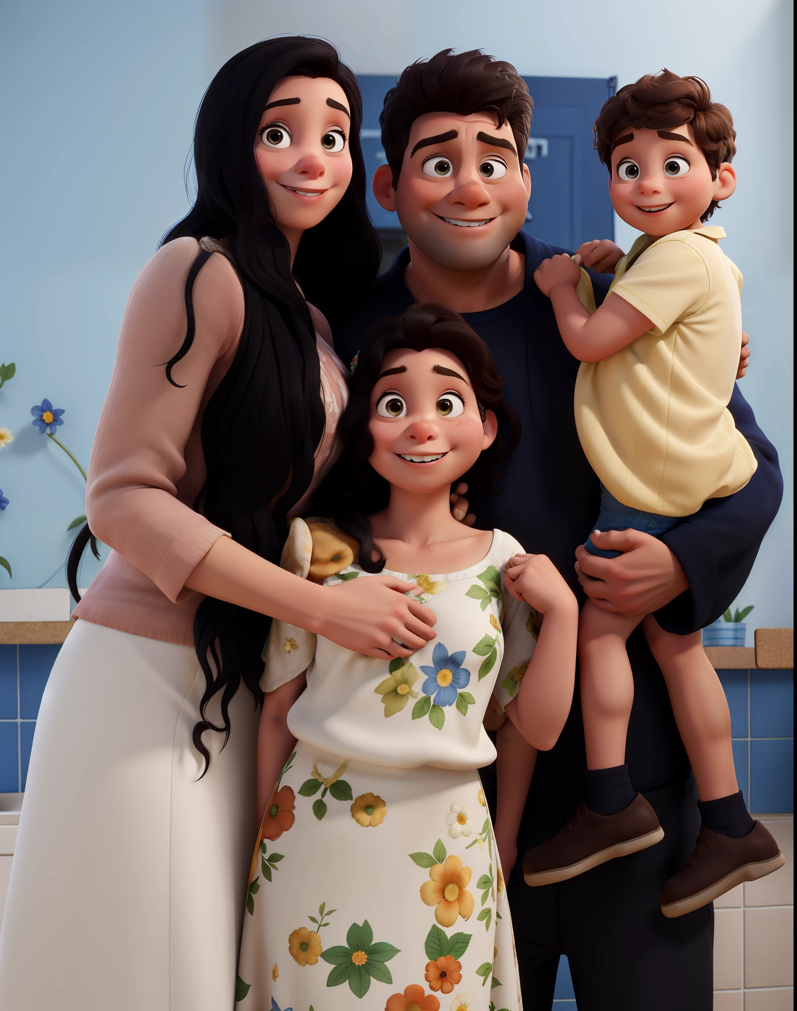 a Disney Pixar movie poster showing a family with 4 white-skinned people. The father is short, cabelos curtos e castanho, e um pouco acima do peso. The mother has brown eyes and hair, mais alta um pouco que o pai. A menino tem 4 anos, na frente, filha 12 anos, cabelo comprido, um vestido floral. The background is a room with tiles. 3D-rendering