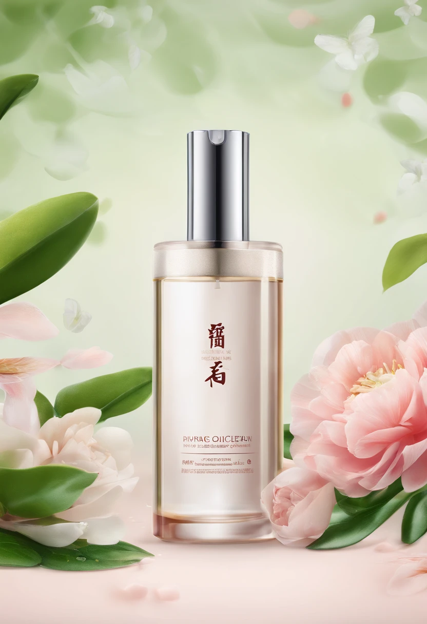 (Best quality,4K,8K,A high resolution,Masterpiece:1.2),Ultra-detailed,(Realistic,Photorealistic,photo-realistic:1.37),A close-up of a bottle of Huang Jixiu cleansing oil and a selection of flowers, Clean face and body skin, Skincare, skin care, Take a picture of your skincare brand, Product photography, professional product shot, products shot, products shot, product display photograph, professional product photo, products shot, Minimalist design, photo product, natural skin tones, Clean gloss, natural skin tones, miniature product photo