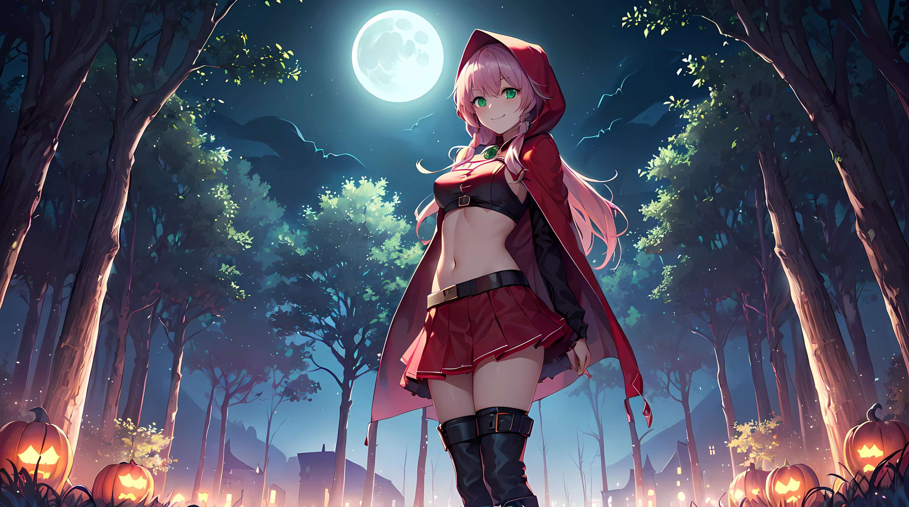 masterpiece, 1girl ((20year old, cosplay as little red riding hood, crop top exposes navel, boots, medium breasts, multicolor pink hair, twin ponytails, perfect model body, green eyes:1.5, flirting, happy, big smile, standing in a forest:1.3 with an old haunted castle in the background at night:1.2, moonlight:1.2, scary, spooky, dark atmosphere:1.2)) ((nighttime)) ((solo:1.6))