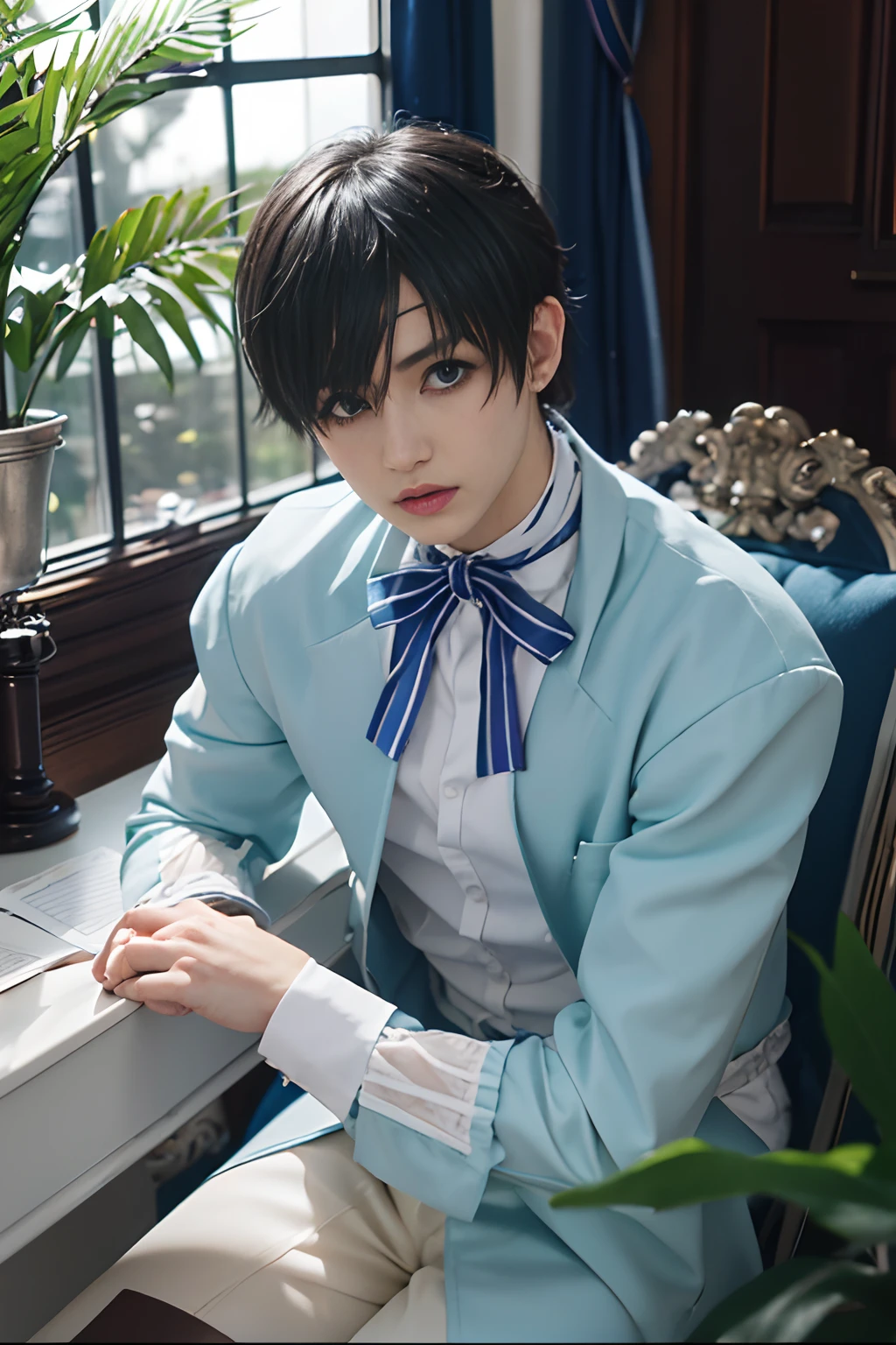 (Best Quality,4k,8k,highres,巨作:1.2),A highly detailed,(Realistic,Realistic Photos,Realistic Photos:1.37),portrait,anime,Phantomhive Sky,boy,10 years old,,dark hair,Intense look,pale skin,Royal Uniform,Classic Victorian style,Stylish clothes,Precision stitching,Feather has,Golden accents,deep blue eyes,Purple eye patch,Detailed lashes,exquisite facial features,serious expression,Confident position,Stand in majestic, Sit in a beautiful office with a window behind it overlooking the garden,Dramatic shades,Invisible lens glow,vibrant colours,Rich color scheme,Royal Purple,Royal Blue,Delicate pastel tones,Gentle sunlight flows through the leaves. Ten-year-old boy dressed in boyish clothes with short hair