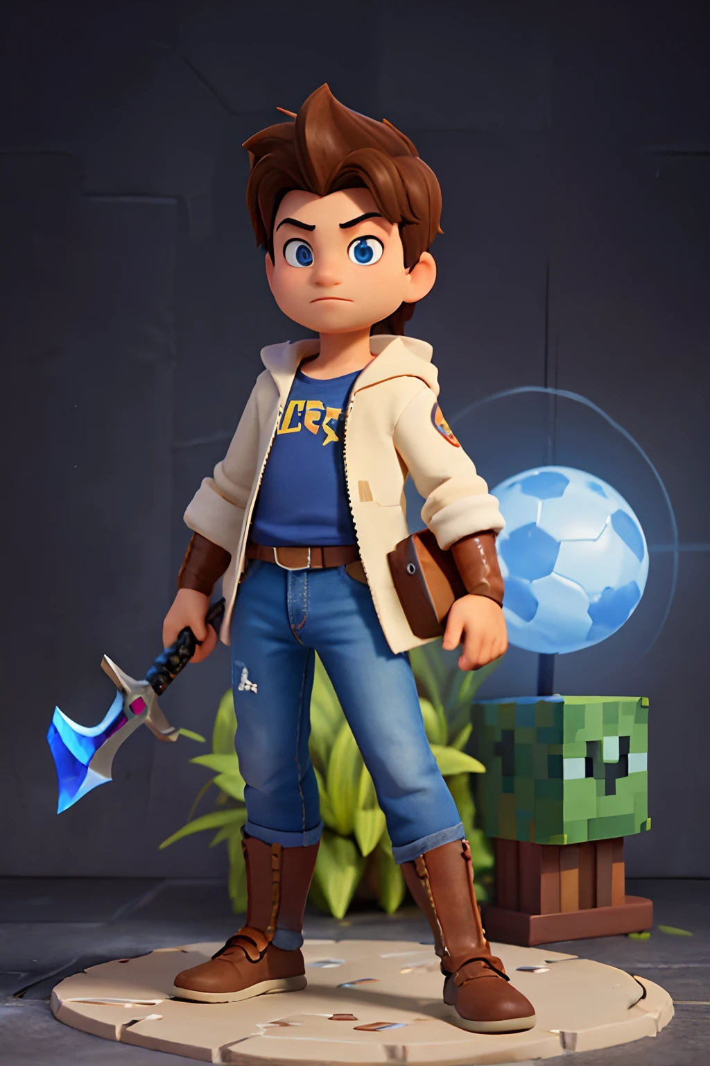 This character is a Pixar-style creation, with a unique and surprising touch. It has a combination of features reminiscent of Noah Schnapp (coisas estranhas) e Cole Sprouse, giving it a captivating and unusual appearance. He is a young man with dark hair and striking blue eyes, which adds an intriguing and unusual allure to your persona. His well-groomed beard lends an air of maturity and wisdom to his youthful face. ele tem cerca de 19 anos.
He is immersed in a technological aura, loading a cloud that resembles the iconic Amazon Web Services logo (AWS). Essa nuvem paira em torno dele, emitindo um suave, luz azulada, criando um contraste atraente com seu tom de pele.
in her hands, Ele empunha espadas que parecem ter sido arrancadas diretamente do mundo dos jogos, especially non-minecraft-inspired. These swords have a unique design with pixelated blocks and textures, fazendo-os se destacar quando ele os empunha.
Ele se encontra em um ambiente que combina elementos de jogos populares como Fortnite, Contra-ataque, e Minecraft. Os arredores oferecem uma mistura de paisagens diversas, Featuring a combination of intricate structures, futuristic buildings, and breathtaking natural landscapes. Whatever it looks like, You can identify characteristics of these games, From iconic buildings to familiar environmental elements.
Este personagem mistura tecnologia, Magia, e elementos de jogos, making him a truly unique and captivating figure in his own fantasy world."