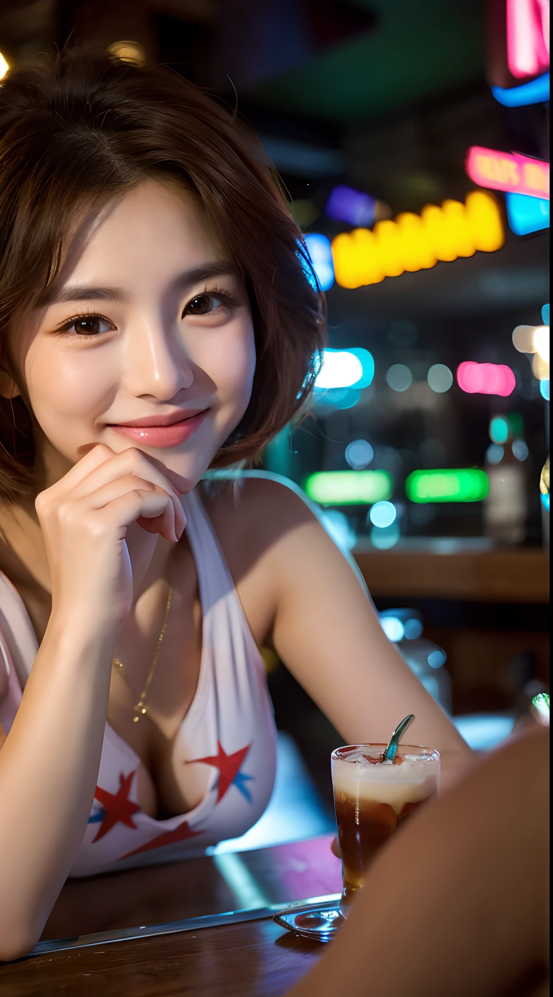 Realistic photos of (1 cute Korean star) medium hair, slightly smile, 32 inch breasts size,wearing tank top,in the bar, close-up, UHD