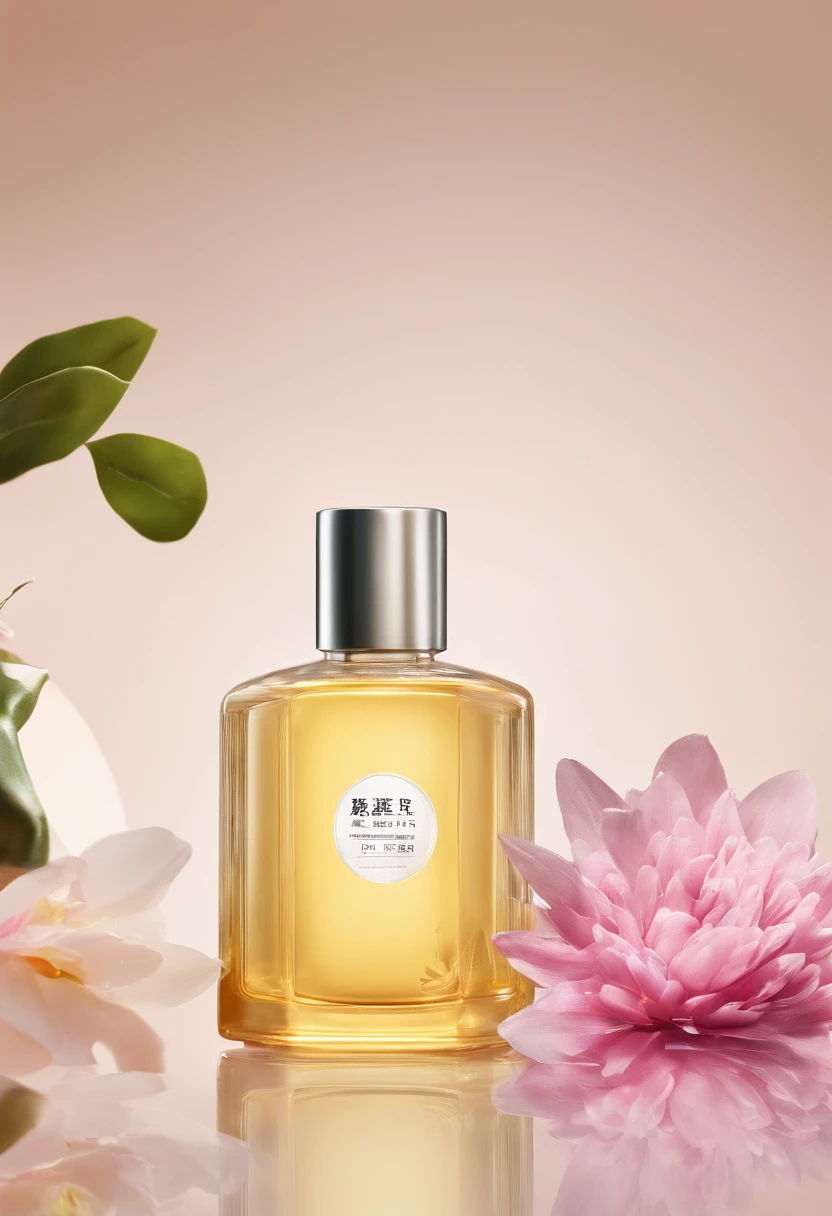 (Best quality,4K,8K,A high resolution,Masterpiece:1.2),Ultra-detailed,(Realistic,Photorealistic,photo-realistic:1.37),A close-up of a bottle of Huang Jixiu cleansing oil and a selection of flowers, Clean face and body skin, Skincare, skin care, Take a picture of your skincare brand, Product photography, professional product shot, products shot, products shot, product display photograph, professional product photo, products shot, Minimalist design, photo product, natural skin tones, Clean gloss, natural skin tones, miniature product photo