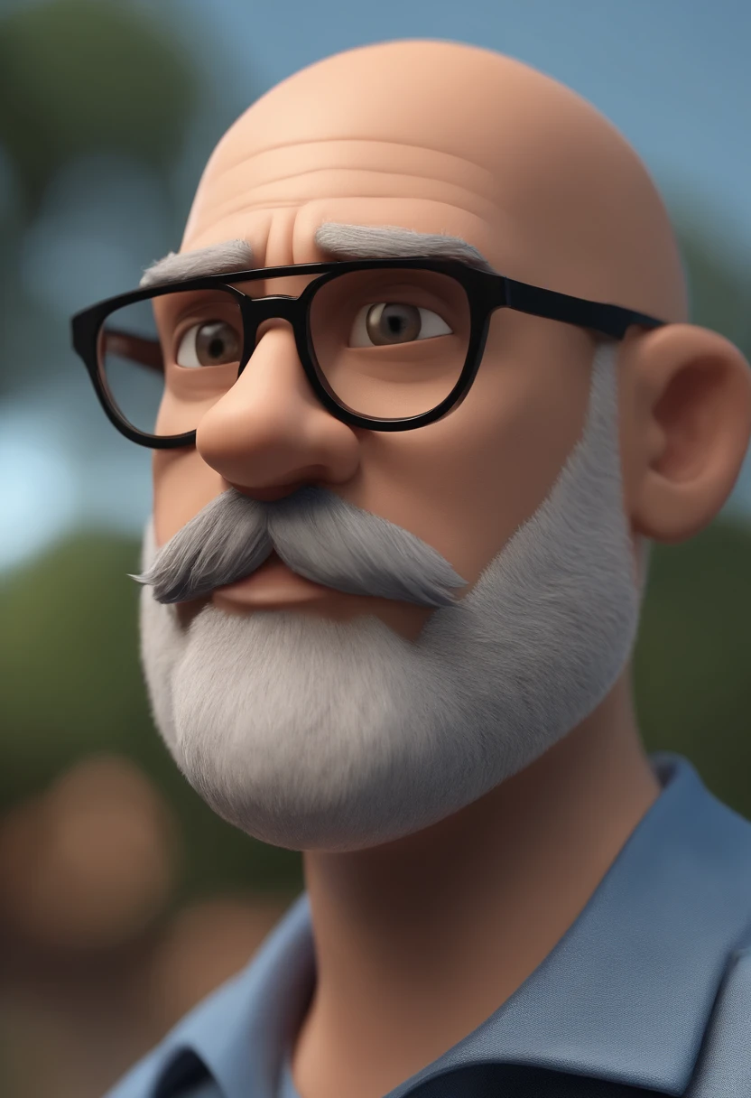 Cartoon character of a bald man with a gray beard with black glasses and a blue shirt, animation character, Caractere estilizado, animation style rendering, 3D estilizado, Arnold Maya render, 3 d render stylized, toon render keyshot, Personagem 3D, Personagem 3D, 3d rendering stylized, 3 d character render, personagem de desenho animado, Personagem de close up, Pose de personagem, (Estilo Pixar) (master part:1.2) (Bokeh) (best quality) (pele detalhada) (textura detalhada) (8k) (argila) (Cinematic lighting) (foco nítido