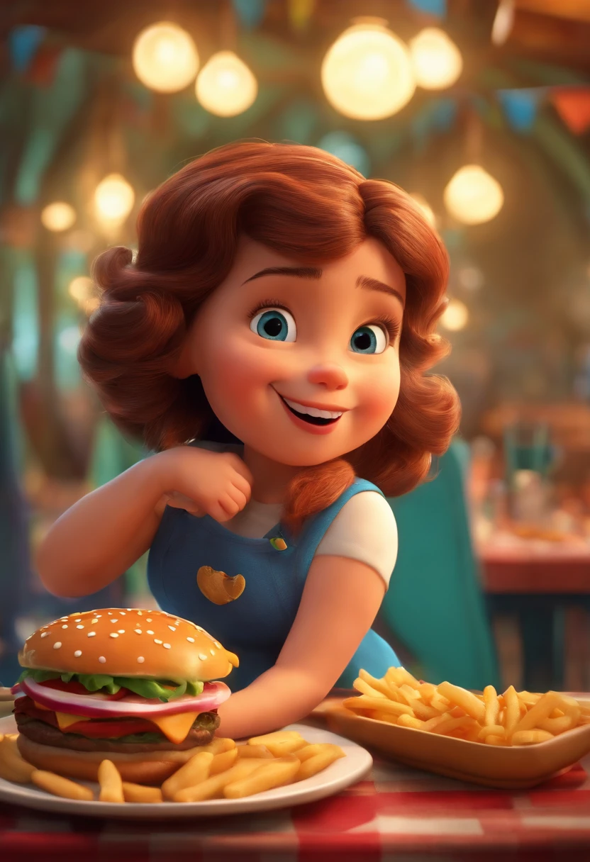 Make a Girl, She's hungry, como Disney Cartoon, She's eating hamburger, Pixar, ..3d, Disney