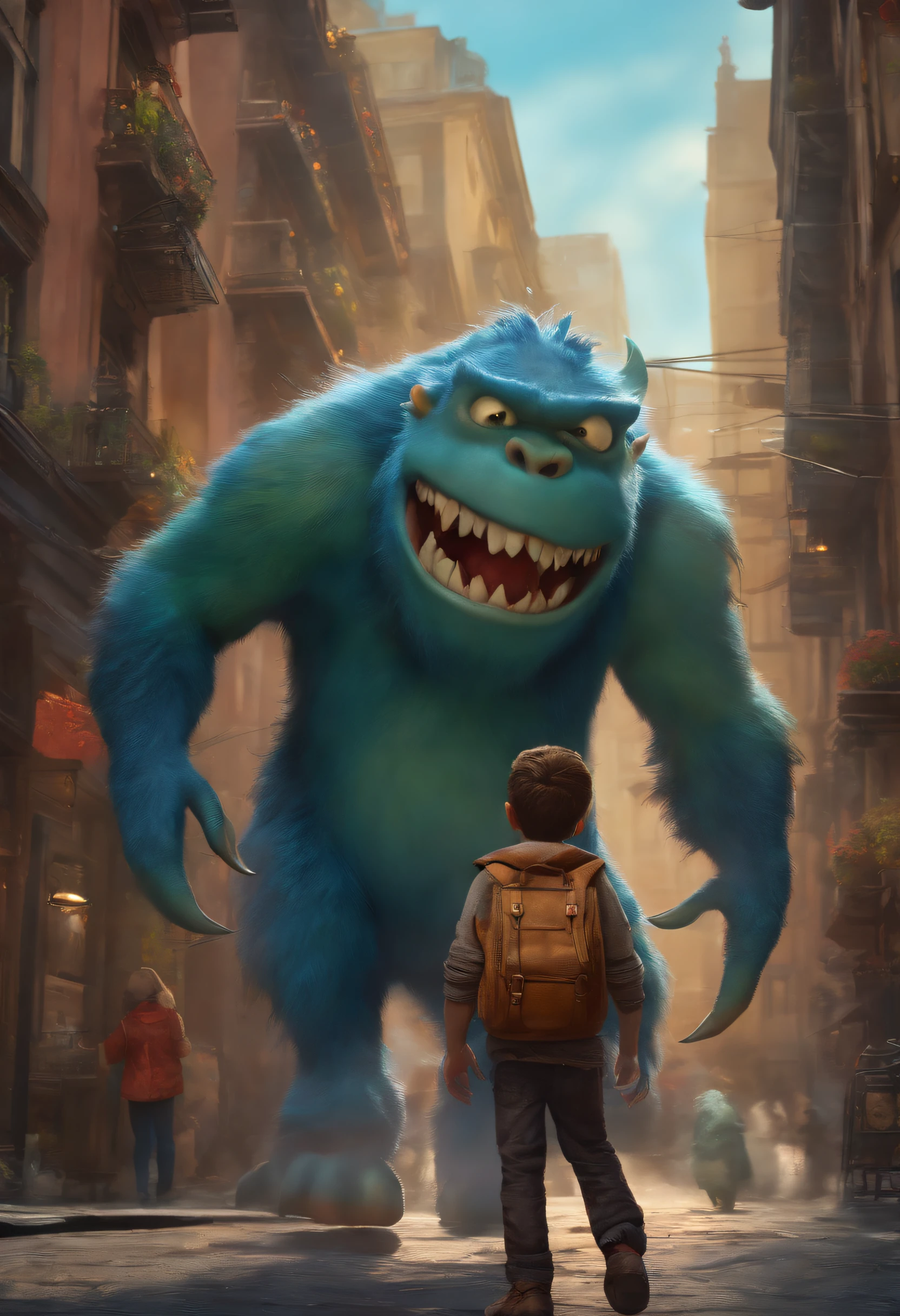 menino, carrying a small monster on his shoulder,Wandering the streets of the city,illustartion,Detailed character design,dynamicpose,urban environment,Works of art in mixed media,Colorful,grainy textures,highly detailed background,Impressive lighting,realistic style,Playful,Expressive Monster Face,Stunning colors and shades,The Emotional Bond Between Boy and Monster,Realistic rendering,Best Quality,4k resolution,Ultra-detailed,Professional Artwork,Vivid colors,sharp-focus,studio lightning.