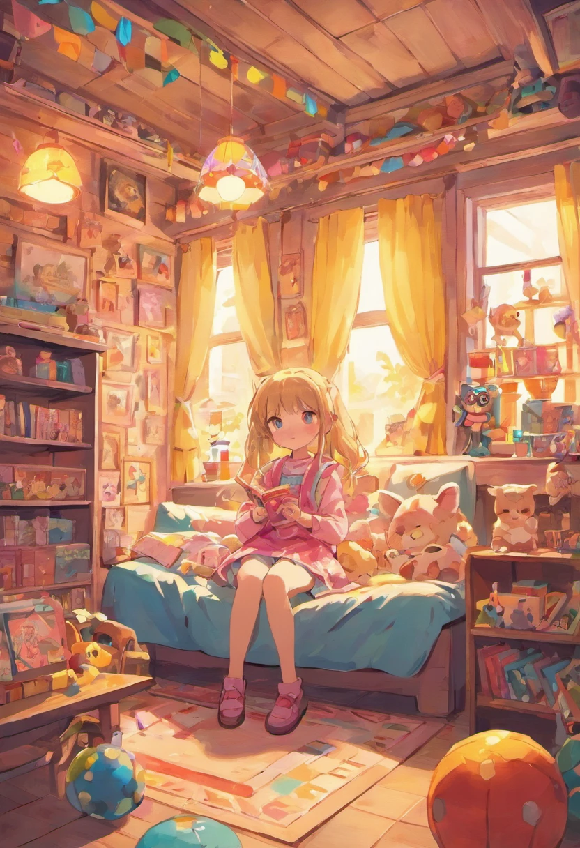 A detailed illustration of a girl in a colorful playroom, surrounded by toys and decorations. The girl has beautiful detailed eyes, delicate freckles on her nose, and brightly colored lips. She is wearing a cute dress with a playful pattern. In the background, there are shelves filled with stuffed animals, building blocks, and books. The room is filled with vibrant colors and has a warm, inviting atmosphere. The lighting is soft and creates a cozy feeling. The overall image quality should be the best, with high resolution (4k or 8k) and ultra-detailed rendering. The art style should be a mix of illustration and photography, creating a whimsical yet realistic look. The colors are vivid and lively, with a slight emphasis on pastel hues. Please include the following tags: (best quality, highres:1.2), ultra-detailed, realistic:1.37, playful, children's room, colorful, toys, books, freckles, warm lighting, whimsical.16:9 horizontal