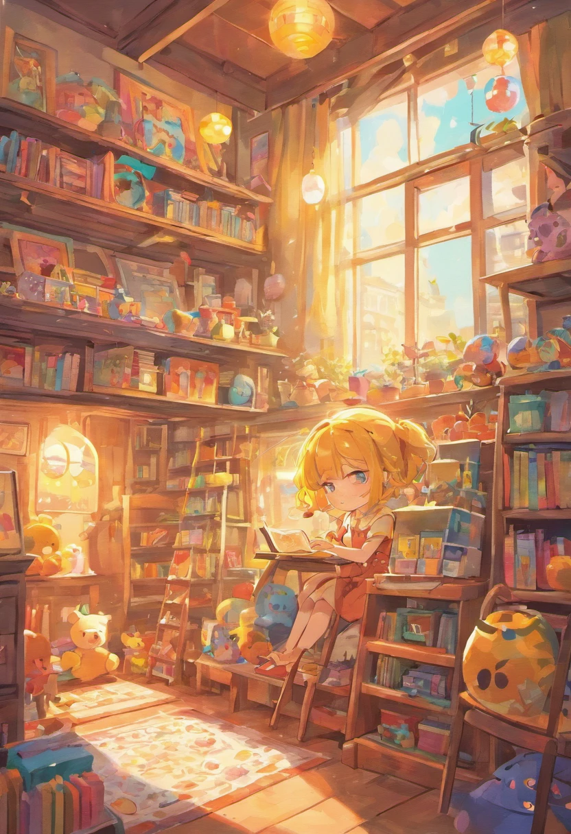 A detailed illustration of a girl in a colorful playroom, surrounded by toys and decorations. The girl has beautiful detailed eyes, delicate freckles on her nose, and brightly colored lips. She is wearing a cute dress with a playful pattern. In the background, there are shelves filled with stuffed animals, building blocks, and books. The room is filled with vibrant colors and has a warm, inviting atmosphere. The lighting is soft and creates a cozy feeling. The overall image quality should be the best, with high resolution (4k or 8k) and ultra-detailed rendering. The art style should be a mix of illustration and photography, creating a whimsical yet realistic look. The colors are vivid and lively, with a slight emphasis on pastel hues. Please include the following tags: (best quality, highres:1.2), ultra-detailed, realistic:1.37, playful, children's room, colorful, toys, books, freckles, warm lighting, whimsical.16:9 horizontal