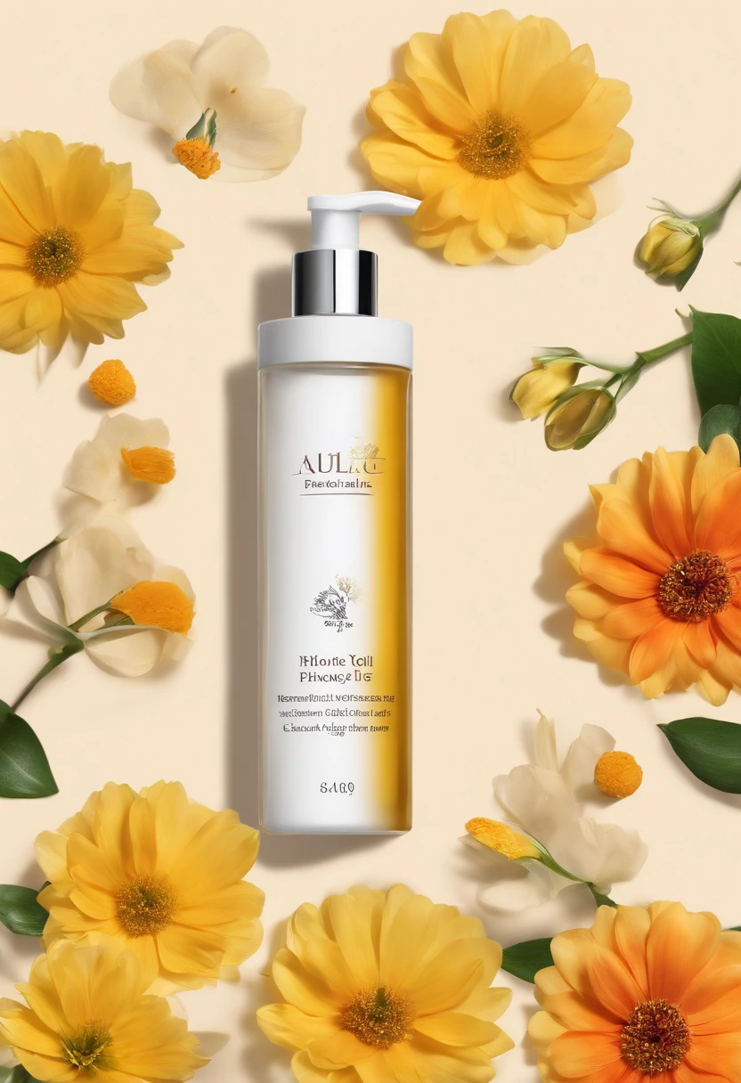 (Best quality,4K,8K,A high resolution,Masterpiece:1.2),Ultra-detailed,(Realistic,Photorealistic,photo-realistic:1.37),A close-up of a bottle of Huang Jixiu cleansing oil and a selection of flowers, Clean face and body skin, Skincare, skin care, Take a picture of your skincare brand, Product photography, professional product shot, products shot, products shot, product display photograph, professional product photo, products shot, Minimalist design, photo product, natural skin tones, Clean gloss, natural skin tones, miniature product photo