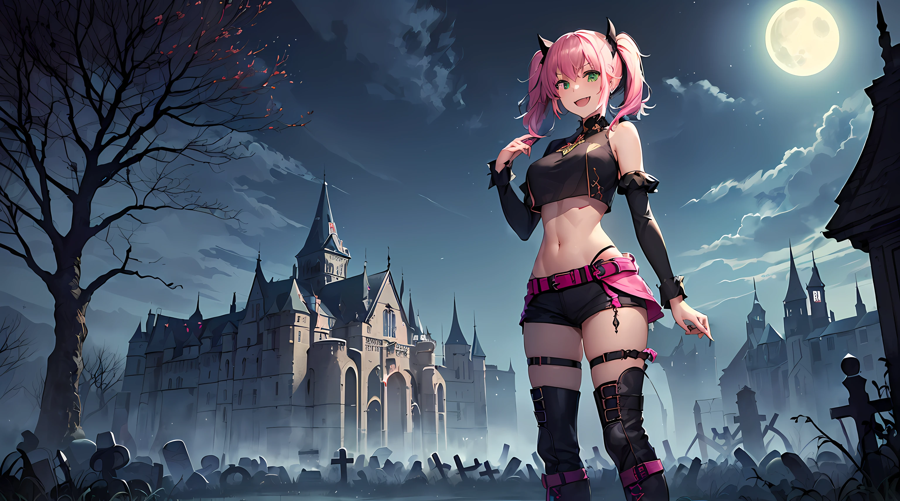 masterpiece, 1girl ((20year old, dressed as an evil sorceress, crop top exposes navel, boots, medium breasts, multicolor pink hair, twin ponytails, perfect model body, green eyes:1.5, flirting, happy, big smile, standing in a evil graveyard:1.3 with an old haunted castle in the background at night:1.2, moonlight:1.2, scary, spooky, dark atmosphere:1.2)) ((nighttime)) ((solo:1.6))