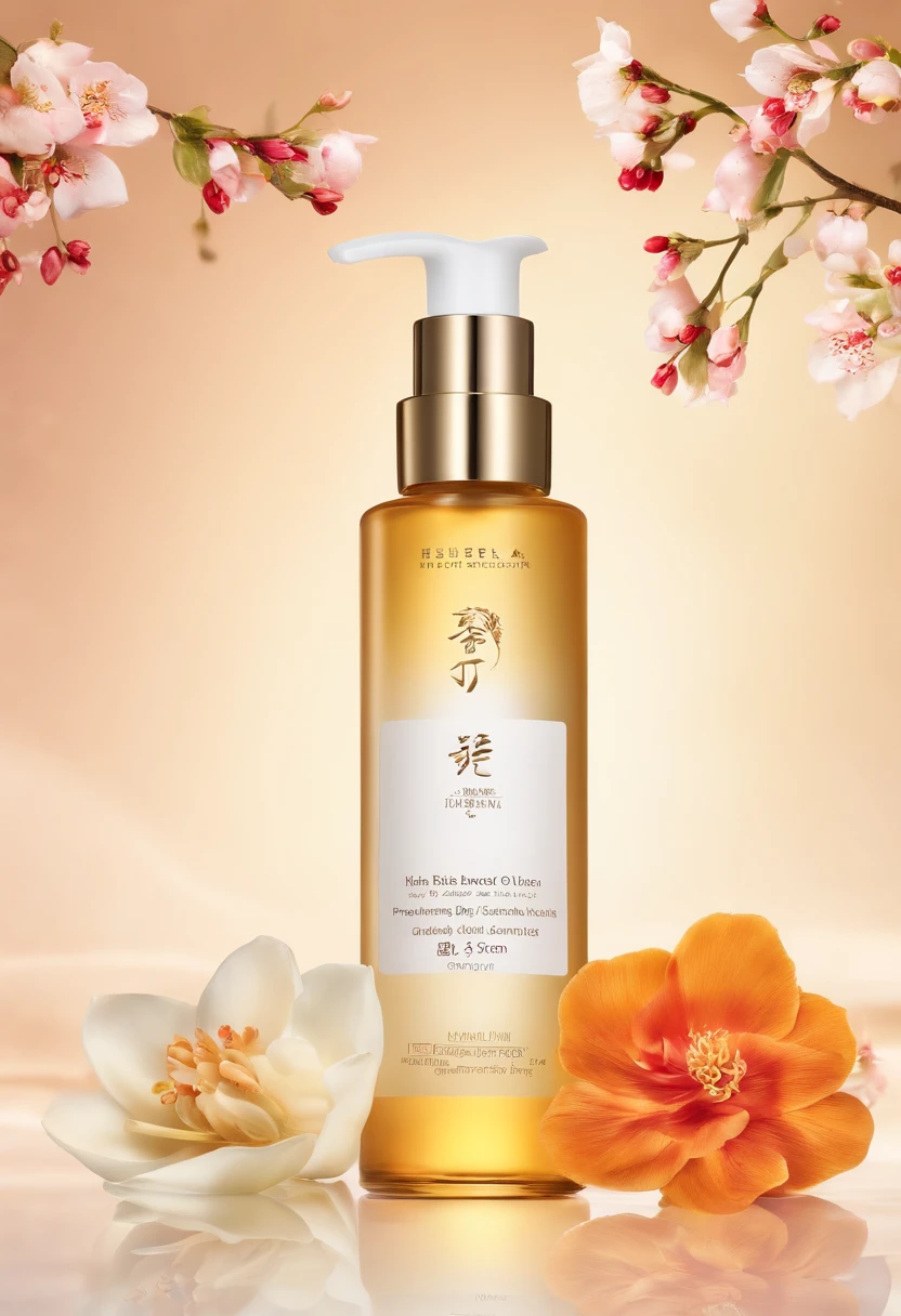 (Best quality,4K,8K,A high resolution,Masterpiece:1.2),Ultra-detailed,(Realistic,Photorealistic,photo-realistic:1.37),A close-up of a bottle of Huang Jixiu cleansing oil and a selection of flowers, Clean face and body skin, Skincare, skin care, Take a picture of your skincare brand, Product photography, professional product shot, products shot, products shot, product display photograph, professional product photo, products shot, Minimalist design, photo product, natural skin tones, Clean gloss, natural skin tones, miniature product photo