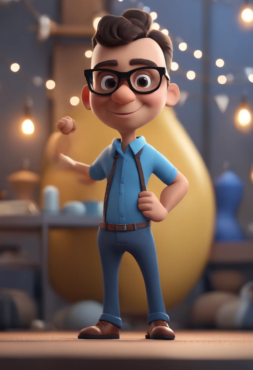 Cartoon character of a man with black glasses and a blue shirt, animation character, Caractere estilizado, animation style rendering, 3D estilizado, Arnold Maya render, 3 d render stylized, toon render keyshot, Personagem 3D, Personagem 3D, 3d rendering stylized, 3 d character render, personagem de desenho animado, Personagem de close up, Pose de personagem, (Estilo Pixar) (master part:1.2) (Bokeh) (best quality) (pele detalhada) (textura detalhada) (8k) (argila) (Cinematic lighting) (foco nítido