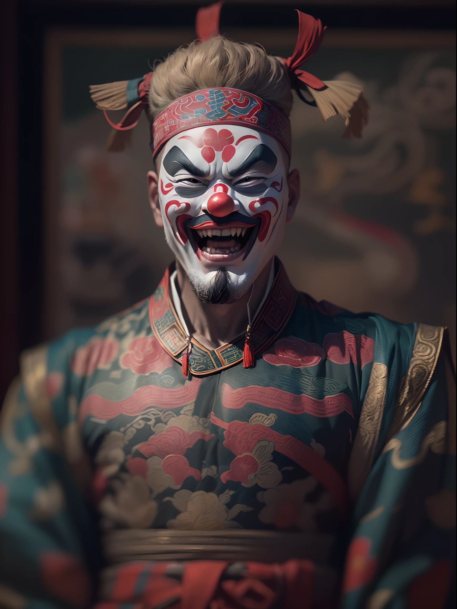 3D rendering of (Close-up of the upper body of a man with the face of a Peking Opera clown), (A super hilarious Peking Opera clown face), (Super funny emojis:1.37),(No hair:1.37),(Bare topless:1.0) Muscular man, shades, (balding:1.30), A wide athletic cloth belt is tied around the waist.
Background: Many Peking Opera and Sichuan Opera masks hang on the black walls, Simple background,close up photograph,Photography,Ukiyo-e art,Caricature,Masterpiece,illustration,Encaustic painting,Portrait of Fayoum,Matte painting,Photorealism,Photorealistic,sober, Image via Bradford Young,author:david bailey,author:Laurent Bayeux,Refined atmosphere,Dark atmosphere,Tilt-Shift,Waist Shot(WS),Close up,Mood lighting, --AR 3:4 - Style original - varnishing