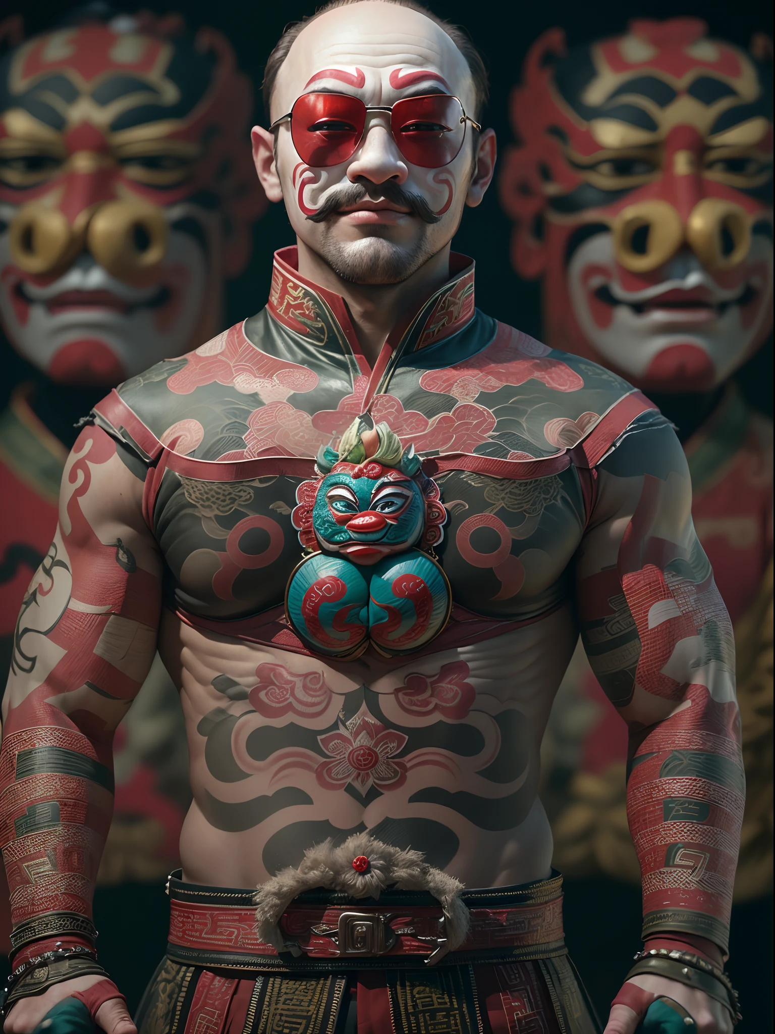 3D rendering of (Close-up of the upper body of a man with the face of a Peking Opera clown), (A super hilarious Peking Opera clown face), (Super funny emojis：1.37），（No hair：1.37），（Bare topless：1.0） Muscular man, shades, (balding：1.30）, A wide athletic cloth belt is tied around the waist.
Background: Many Peking Opera and Sichuan Opera masks hang on the black walls, Simple background,close up photograph,Photography,Ukiyo-e art,Caricature,Masterpiece,illustration,Encaustic painting,Portrait of Fayoum,Matte painting,Photorealism,Photorealistic,sober, Image via Bradford Young,author：david bailey,author：Laurent Bayeux,Refined atmosphere,Dark atmosphere,Tilt-Shift,Waist Shot(WS),Close up,Mood lighting, --AR 3:4 - Style original - varnishing