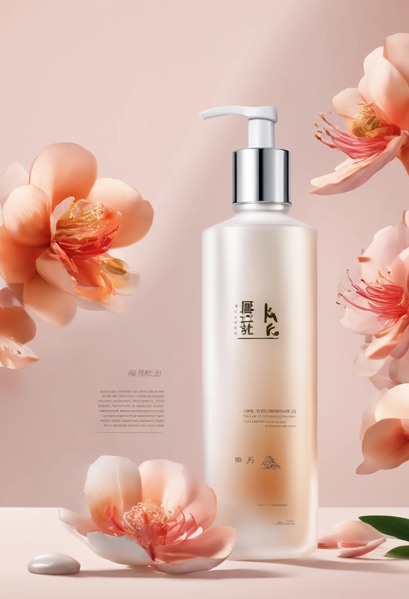 (Best quality,4K,8K,A high resolution,Masterpiece:1.2),Ultra-detailed,(Realistic,Photorealistic,photo-realistic:1.37),A close-up of a bottle of Huang Jixiu cleansing oil and a selection of flowers, Clean face and body skin, Skincare, skin care, Take a picture of your skincare brand, Product photography, professional product shot, products shot, products shot, product display photograph, professional product photo, products shot, Minimalist design, photo product, natural skin tones, Clean gloss, natural skin tones, miniature product photo