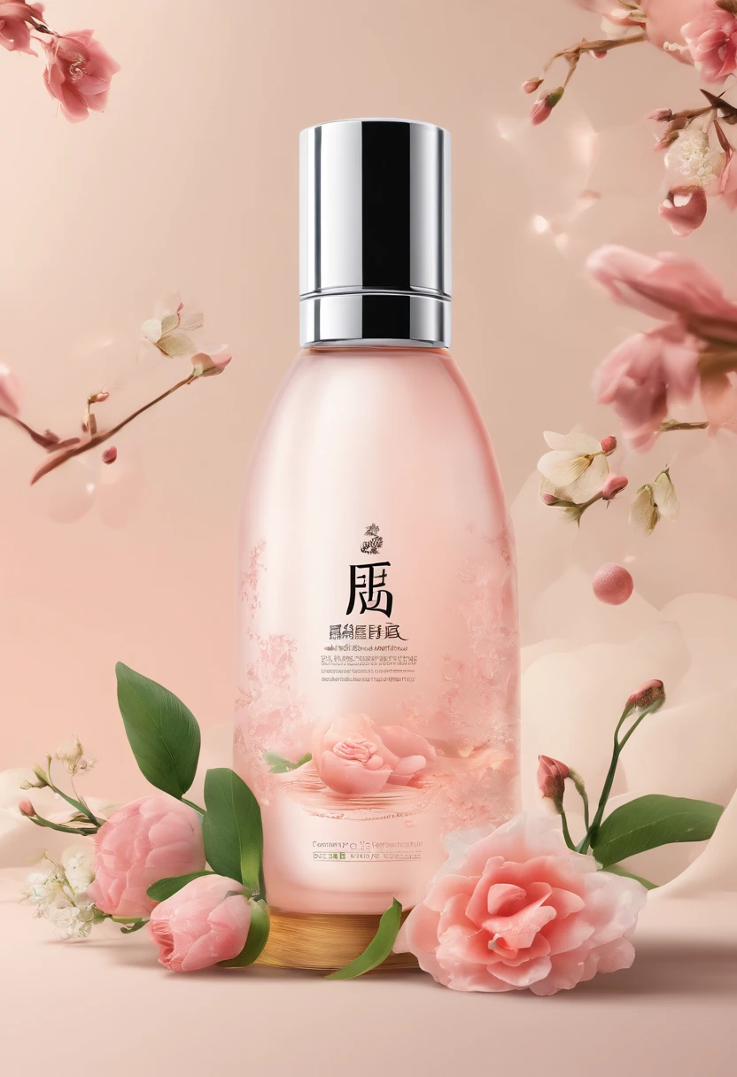(Best quality,4K,8K,A high resolution,Masterpiece:1.2),Ultra-detailed,(Realistic,Photorealistic,photo-realistic:1.37),A close-up of a bottle of Huang Jixiu cleansing oil and a selection of flowers, Clean face and body skin, Skincare, skin care, Take a picture of your skincare brand, Product photography, professional product shot, products shot, products shot, product display photograph, professional product photo, products shot, Minimalist design, photo product, natural skin tones, Clean gloss, natural skin tones, miniature product photo