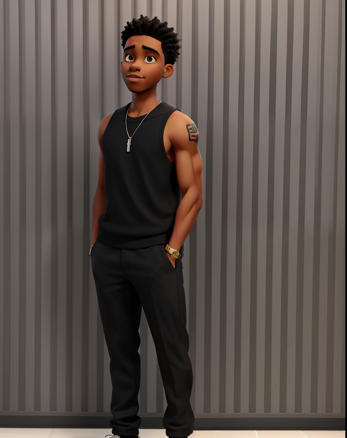a black man with all black outfit
