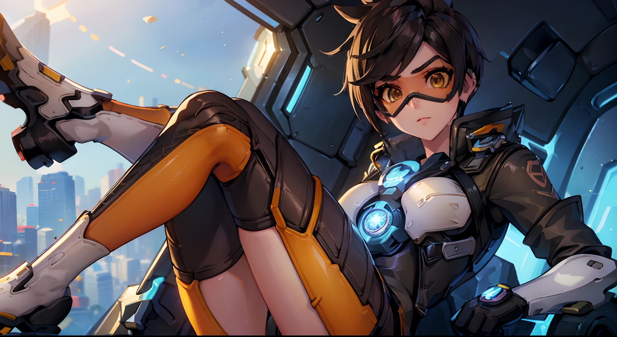 Tracer, overwatch, unparalleled beauty, pele brilhante brilhante firme e brilhante, franja entre os olhos, brilhante reta loira platinada bonita, cabelo liso e sedoso super longo, delineador, sexy bonito inocente 14 anos de idade, high definition big big cute shiny, Olhos Brilhantes, Beautiful and adorable girl, , camisa de manga curta, (sentada em cima de uma mesa:1.4) (voltada para o espectador:1.2), (pernas cruzadas:1.4), (olhando para o lado esquerdo:1.3), Beautiful soft light studio, luz aro, perna direita perfeita, perna esquerda perfeita, Leg Correction, corrigir olhos