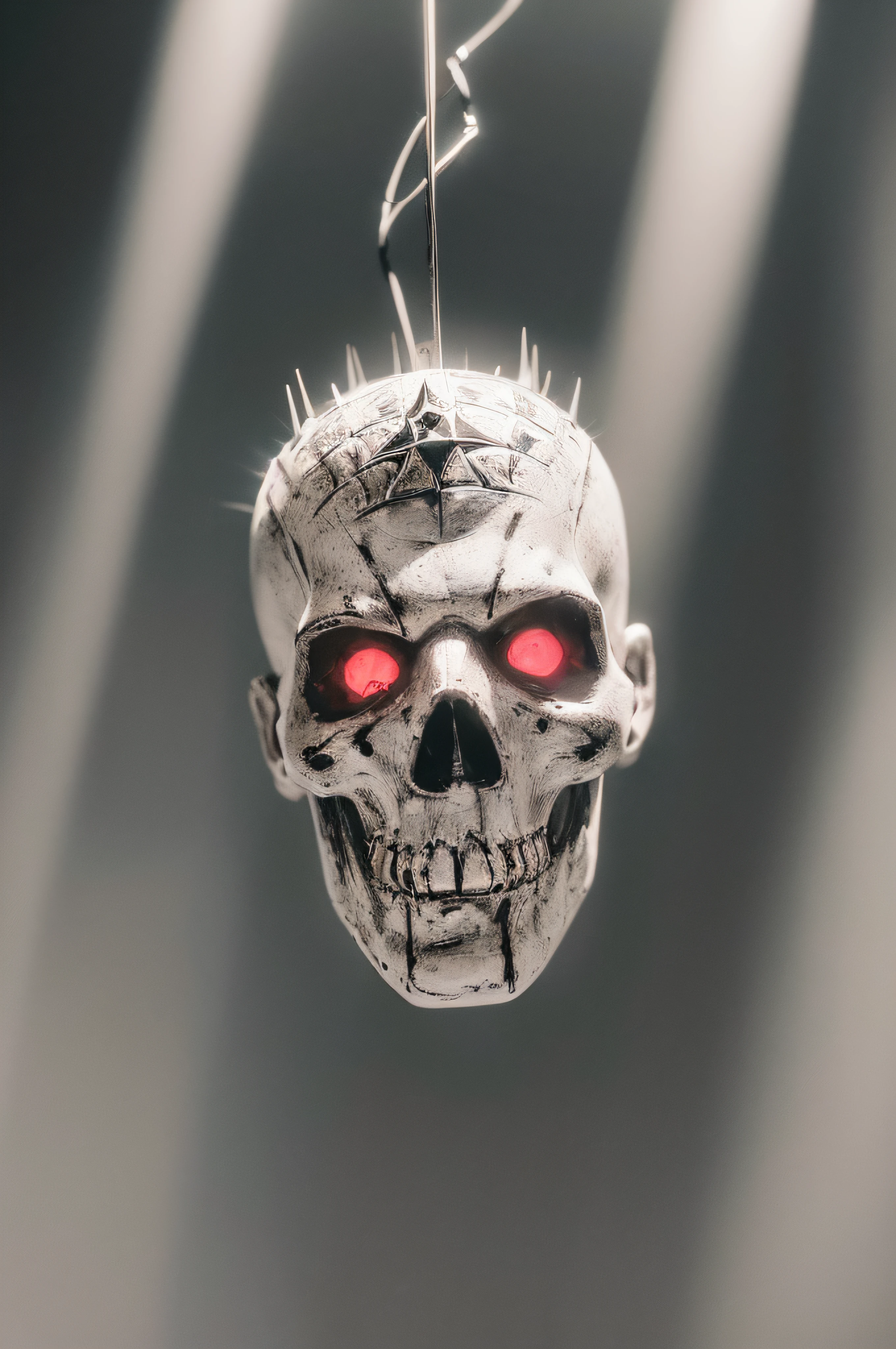 "(The best lighting, oscuro, dramatic),(feto calavera alien, Hellraiser, Cicatrices, sexy, cerebro, sangre, alas blancas sucias, una rata dentro de la cabeza, terror.),(ojos rojos, calaveras). morning light.