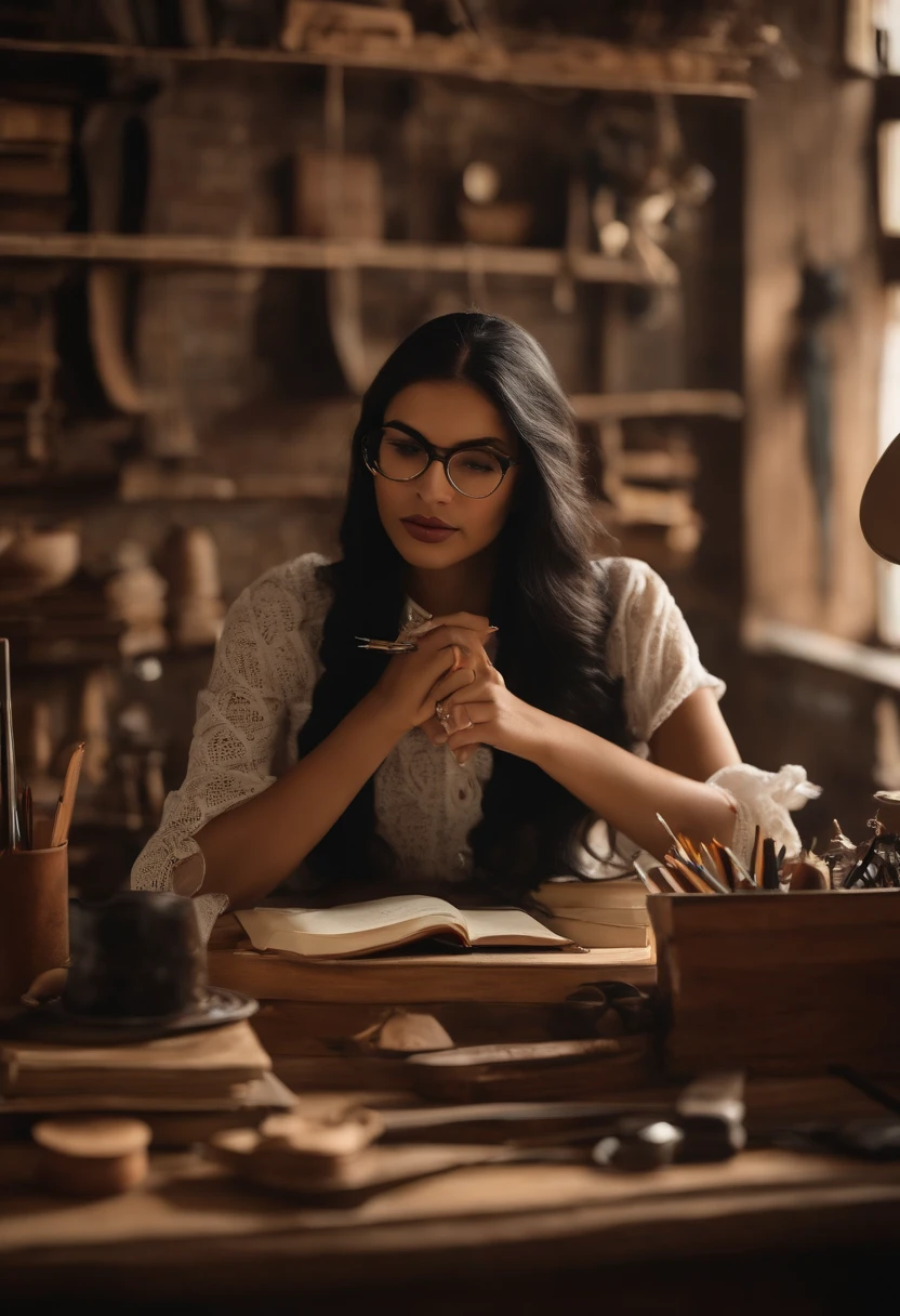 Artisan, Long black hair glasses, olhos castanhos trabalhando em suas papelaria, mesa com notebook e impressora, agendas, Pencils and pens, scissors... Name on the wall Sowing Love