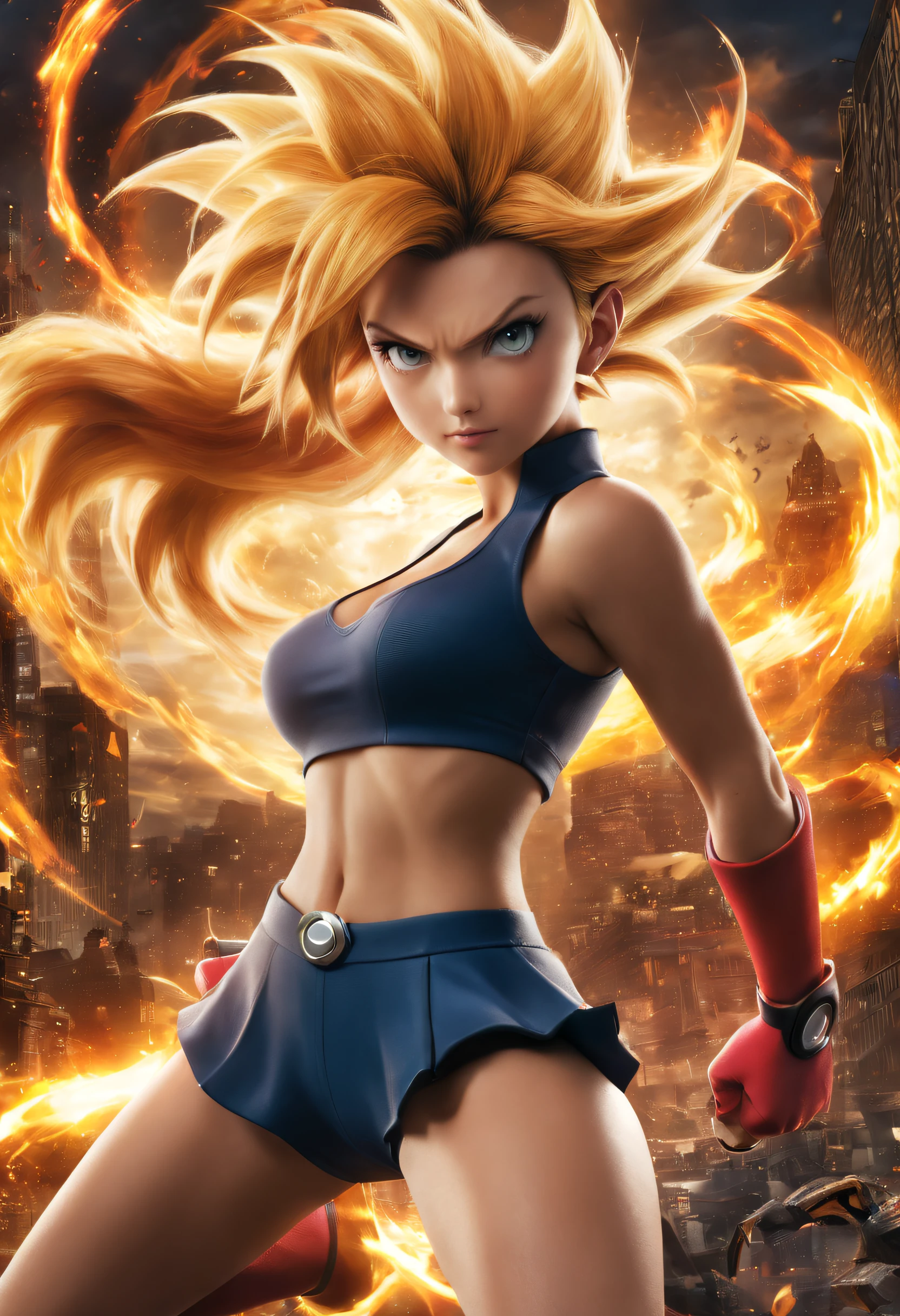 Create a poster for the Pokémon movie titled (“Pokémon: Sexiest Alive”). Replace the character Ash Ketchum with Scarlett Johansson transformed into a Super Saiyan. Include all Pokémon from the film in the poster, which must be square, maximum sharpness, UHD, 16K, anime style, best possible quality, ultra detailed, best possible resolution, (full body: 1.5), Unreal Engine 5, professional photography , perfect_thighs, perfect_legs, perfect_feet, perfect_hand, fingers, hand, perfect, better_hands, more details.