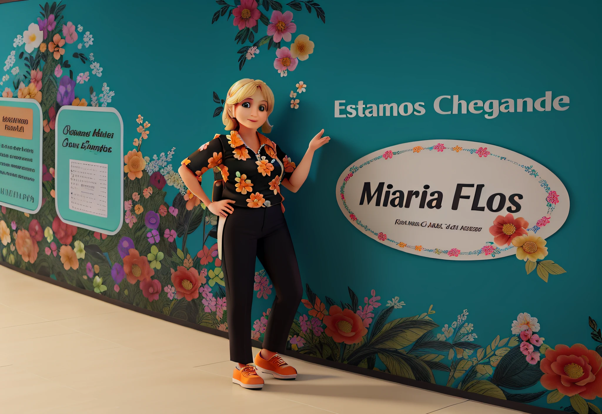 A blonde 50-year-old woman with a flowery blouse and black pants and orange shoes, ao fundo estampas de flores escrito "estamos chegando" "Maria Flor" o personagem apontando para o fundo, alta qualidade, melhor qualidade