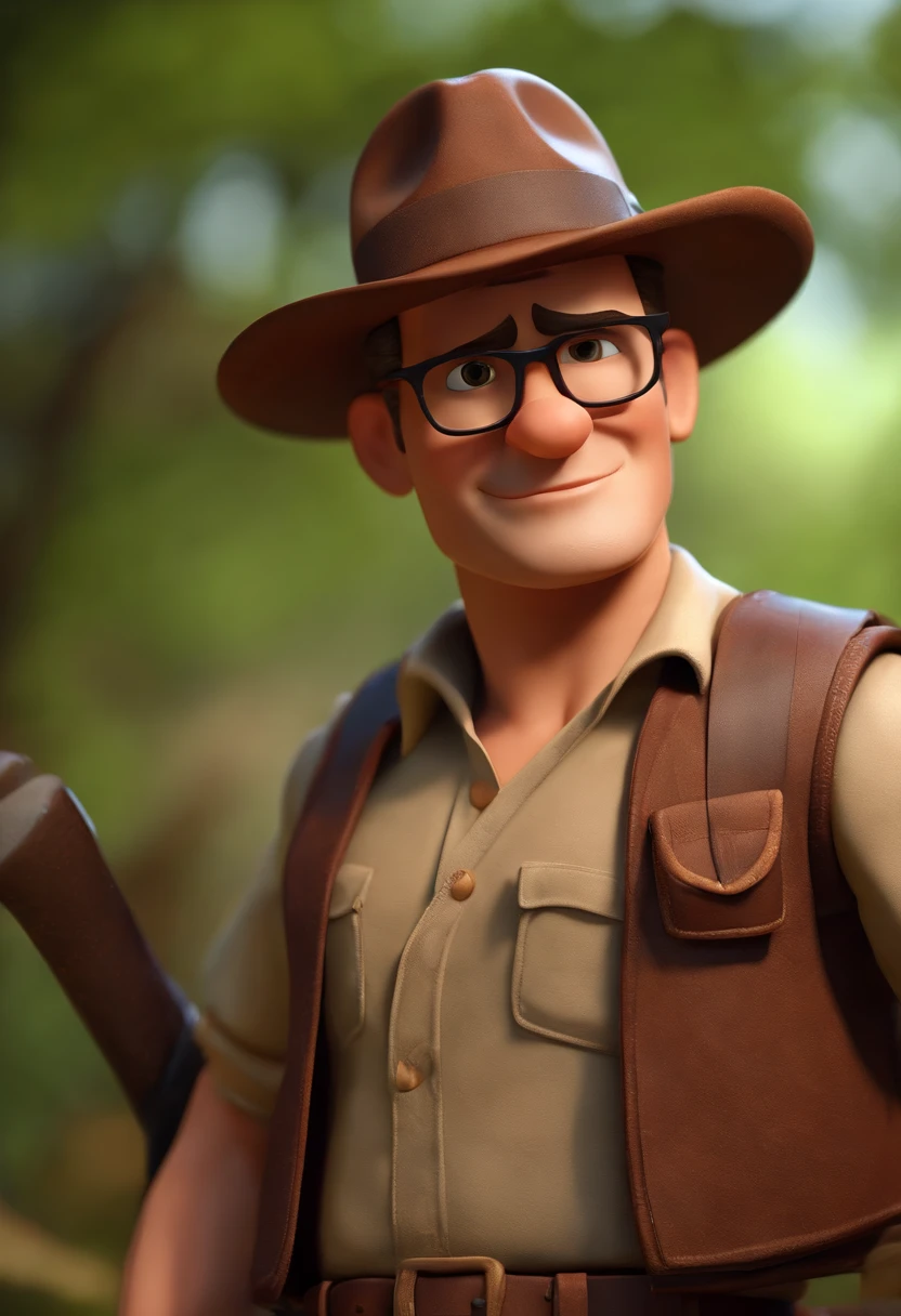 Pixar style character of a couple, the man with black glasses and hat, jovem, barba e cabelos escuros, olhos castanhos escuros, e uma camisa, carregando equipamentos de aventura com mochila nas costas, estilo indiana Jones, a mulher estilo tomb raider, cabelos escuros, olhos castanhos, com mochila nas costas, com fundo de natureza, animation character, Caractere estilizado, animation style rendering, 3D estilizado, Arnold Maya render, 3 d render stylized, toon render keyshot, Personagem 3D, Personagem 3D, 3d rendering stylized, 3 d character render, personagem de desenho animado, Personagem de close up, Pose de personagem, (Estilo Pixar) (master part:1.2) (Bokeh) (melhor qualidade) (pele detalhada) (textura detalhada) (8k) (argila) (Cinematic lighting)