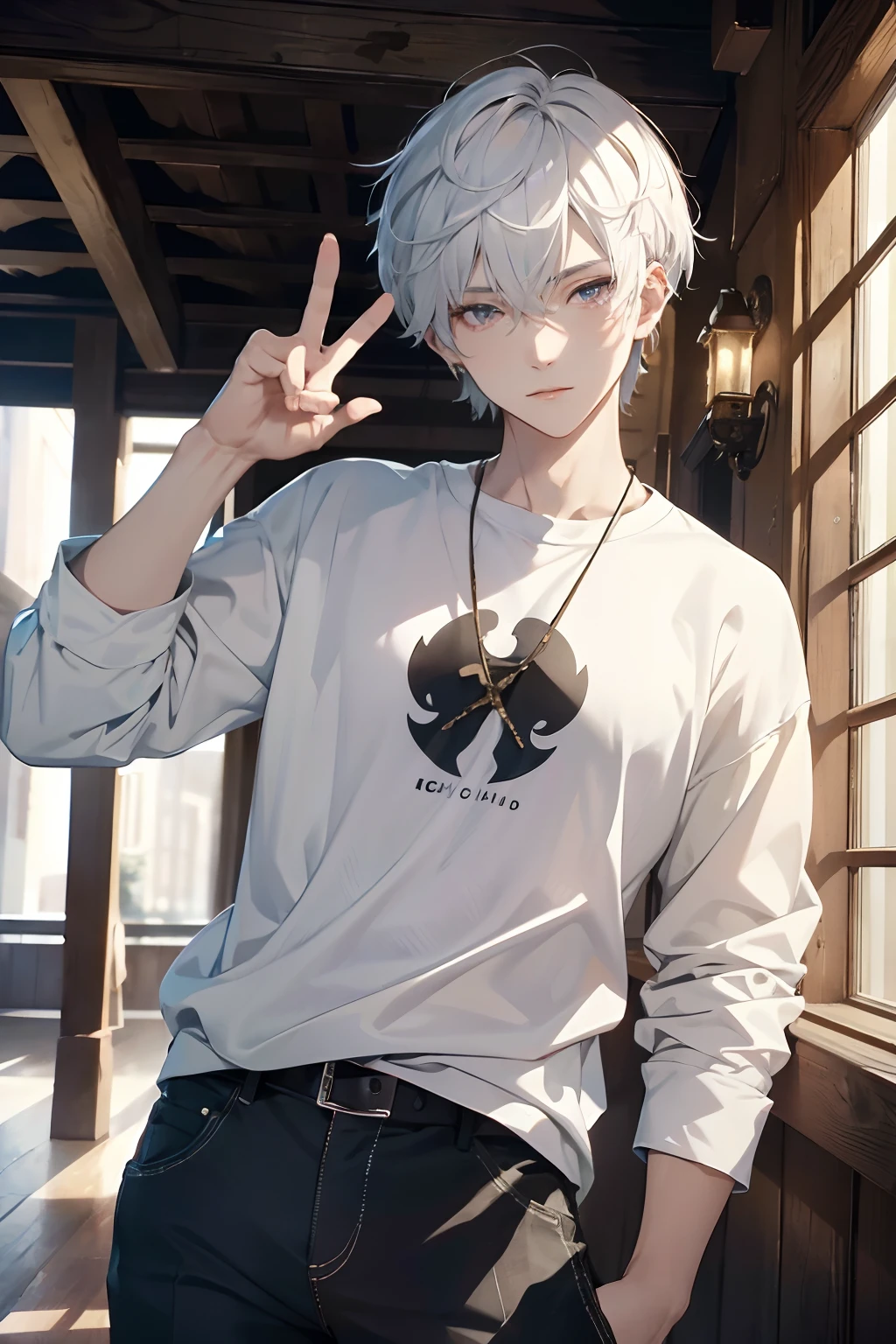 (absurdres, highres, ultra detailed, HDR), masterpiece, best quality, a boy, solo, handsome, short hair, white hair, finely eye and detailed face, casual clothes, real shadow, lift hand in peace sign, joyful, ear piecing,