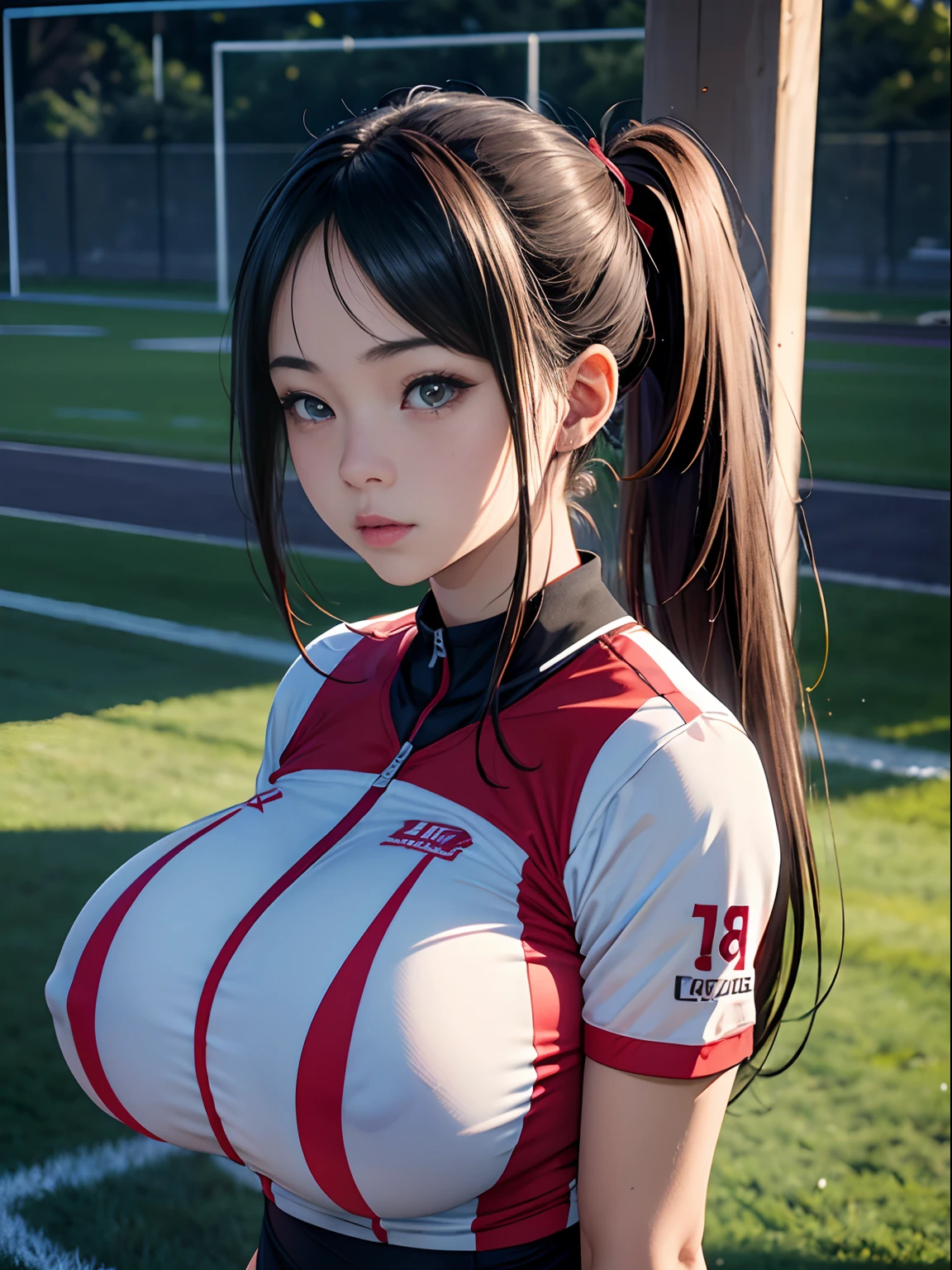 A age girl、(masterpiece:1.4)、(in 8K、realisitic、Raw photo、top-quality:1.4)、(Real Face:1.4)、(real looking skin:1.3)、超A high resolution、A hyper-realistic、Eyes in Beautiful Details、Brown low ponytail、Athletics uniforms、Whipped body、Stretching、(huge-breasted:1.5)、gargantilha、Blushing、alluring face、athletic field