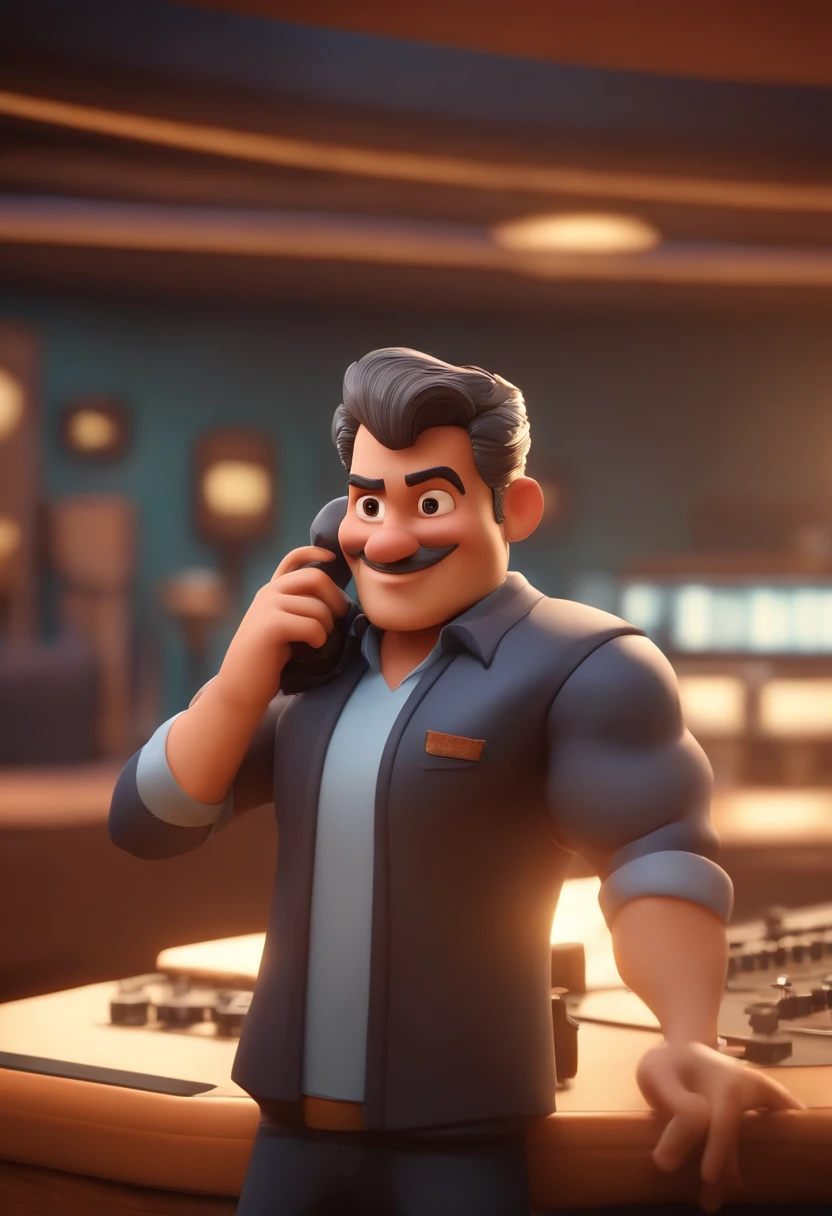personagem dos desenhos animados de um homem moreno, cabelos levemente grisalhos, barba por favor, sem bigode, de terno e gravata, Radio announcer in front of a large soundboard, uando fone de ouvido e falando ao microfone. animation character, Caractere estilizado, animation style rendering, 3D estilizado, Arnold Maya render, 3 d render stylized, toon render keyshot, Personagem 3D, Personagem 3D, 3d rendering stylized, 3 d character render, personagem de desenho animado, Personagem de close up, Pose de personagem, (Estilo Pixar) (master part:1.2) (Bokeh) (best quality) (pele detalhada) (textura detalhada) (8k) (argila) (Cinematic lighting) (foco nítido
