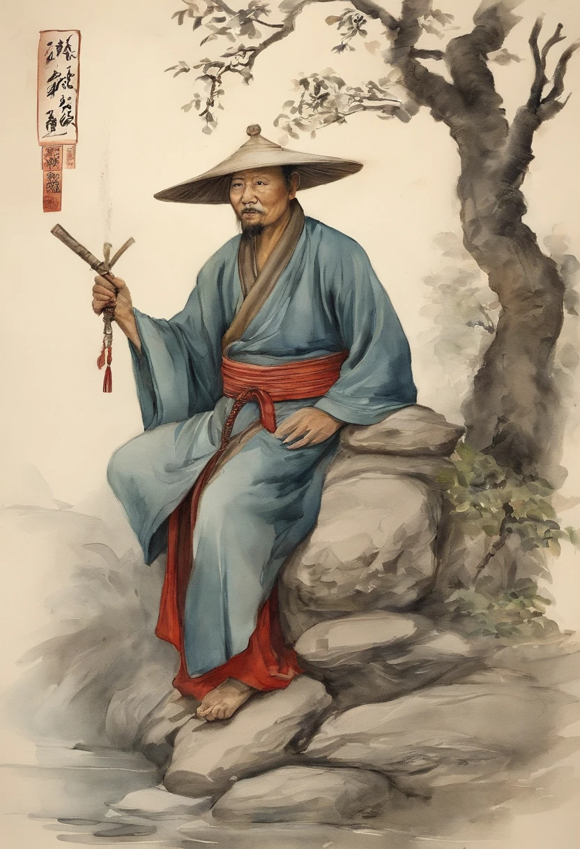 Estilo de tinta chinesa,tinta,Mancha,Young Taoist,One hand holds a sword behind him,A ponta da espada perguntou,Cultivar-se em um imortal,Estrada do Osso do Vento das Fadas,Fundo do totem de Tai Chi,long, flowing hair,Wide bathrobe,8k,super-fino
