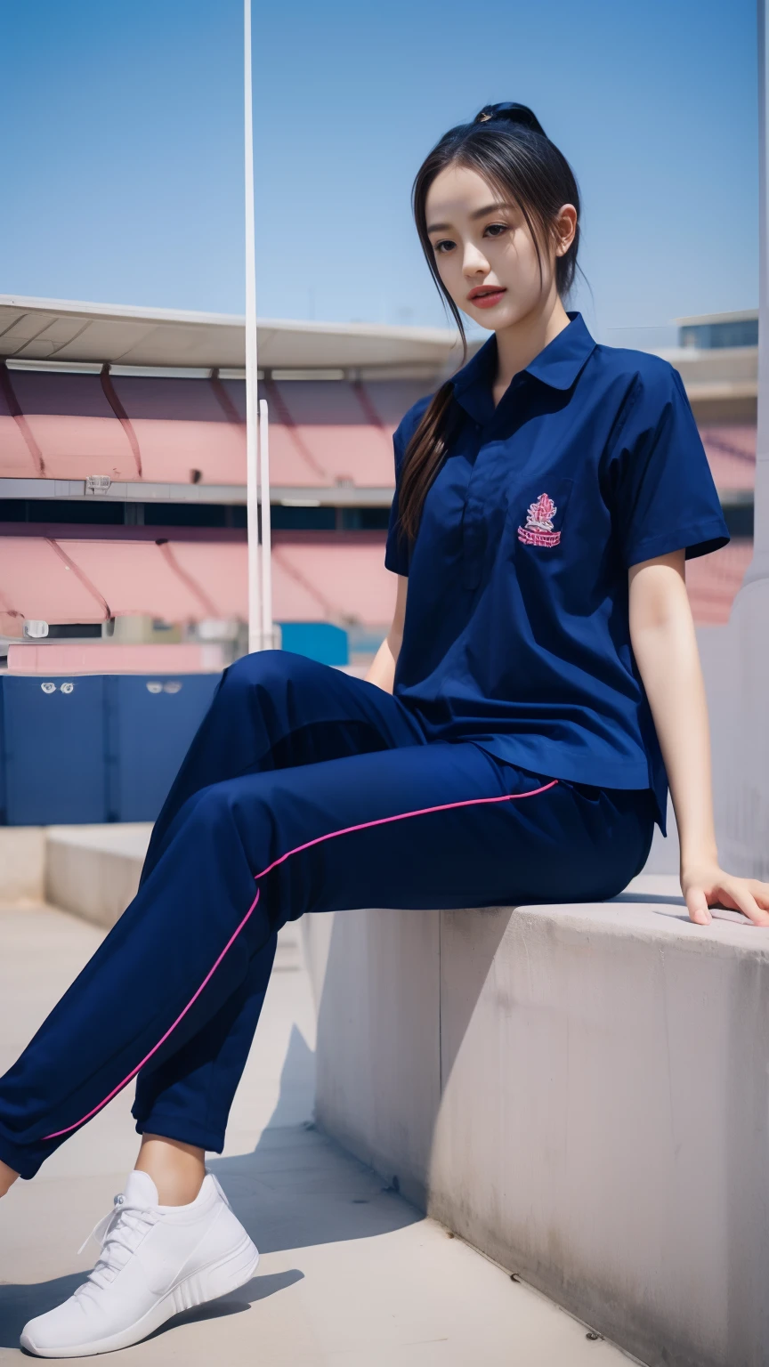 (bestquality,10,10,highres,masterpiece:1.2),ultra-detail,(Realistic,photorealistic portrait,photo-realistic:1.37),1 cute girl sitting on the football field,oily shiny skin,bara,light smile,BDclothes,((blue shirt:1.3)),short sleeves,shirt, trousers.,(navy_long_Pants Track:1.1), ((Stadium Background:1.3)),dynamic angle,excited,face focus,Dynamic Poses,from behide,Ass Focus,masterpiece, bestquality, ultra realistic, hyper-detail, 8k resolution, RAW photo, crisp focus, ((Navy blue shirt:1.1)), short sleeves, Long Path, Perfect body, 2 mature women, 18yo, cinematic light,Blue sweatpants,Gymware,Correct anatomy,Complete body, Correct body, sharp face, Anatomically correct body, full entire body, Realistic gestures, long-haired, Realistic poses,Wear long shorts.................,Long leg span,Shapely,Sculpting Girl, Slender Figure, mannequin mannequins, Shapely, Beautiful body,Blue sweatpants,Seated