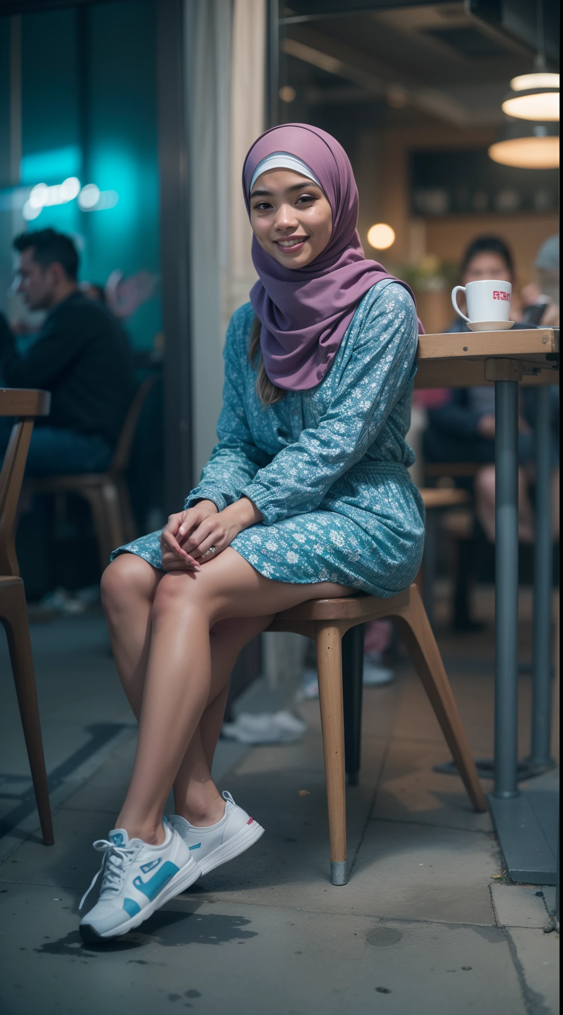 Malay girl with hijab seating in hipster cafe, happy, smiling, nighttime, wearing turquoise Floral Ruched Bust Slip Romper, pink sneakers, soft professional lighting, blur background, cool ambient, bokeh, small breast, small waist, small head, short petite body, wide hips, thick thighs, long leg, thick leg,  Prores lense, Low angle shot, blue color grading, cinemascope, natural light, Dynamic shadows, horror film, high quality, ultra detail, 8k, Panavision DXL2 camera