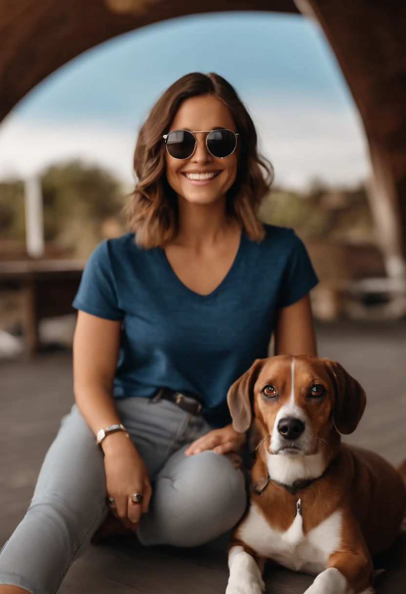 Pixar. Casal com um filhote de cachorro beagle marrom. A tem os cabelos loiros amarrados, Camiseta cinza e jeans claro, white glasses. O meninobelos pretos com cabelos grisalhos, barba pequena, oculos, Dark blue jeans and gray t-shirt. They are both smiling and are 40 years old