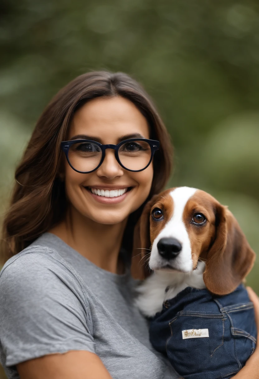 Pixar. Casal com um filhote de cachorro beagle marrom. A tem os cabelos loiros amarrados, Camiseta cinza e jeans claro, white glasses. O meninobelos pretos com cabelos grisalhos, barba pequena, oculos, Dark blue jeans and gray t-shirt. They are both smiling and are 40 years old