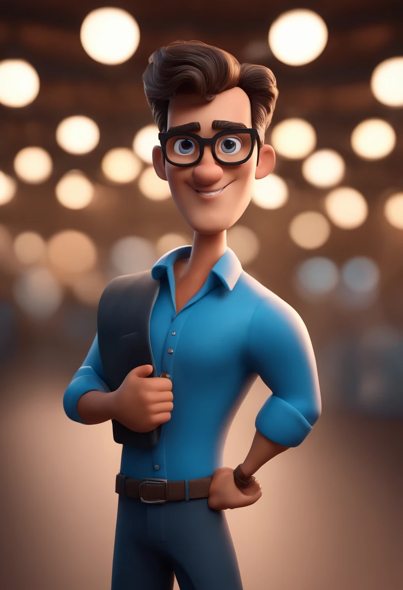 Cartoon character of a man with black glasses and a blue shirt, animation character, Caractere estilizado, animation style rendering, 3D estilizado, Arnold Maya render, 3 d render stylized, toon render keyshot, Personagem 3D, Personagem 3D, 3d rendering stylized, 3 d character render, personagem de desenho animado, Personagem de close up, Pose de personagem,  (Estilo Pixar) (master part:1.2) (Bokeh) (best quality) (pele detalhada) (textura detalhada) (8k) (argila) (Cinematic lighting) (foco nítido