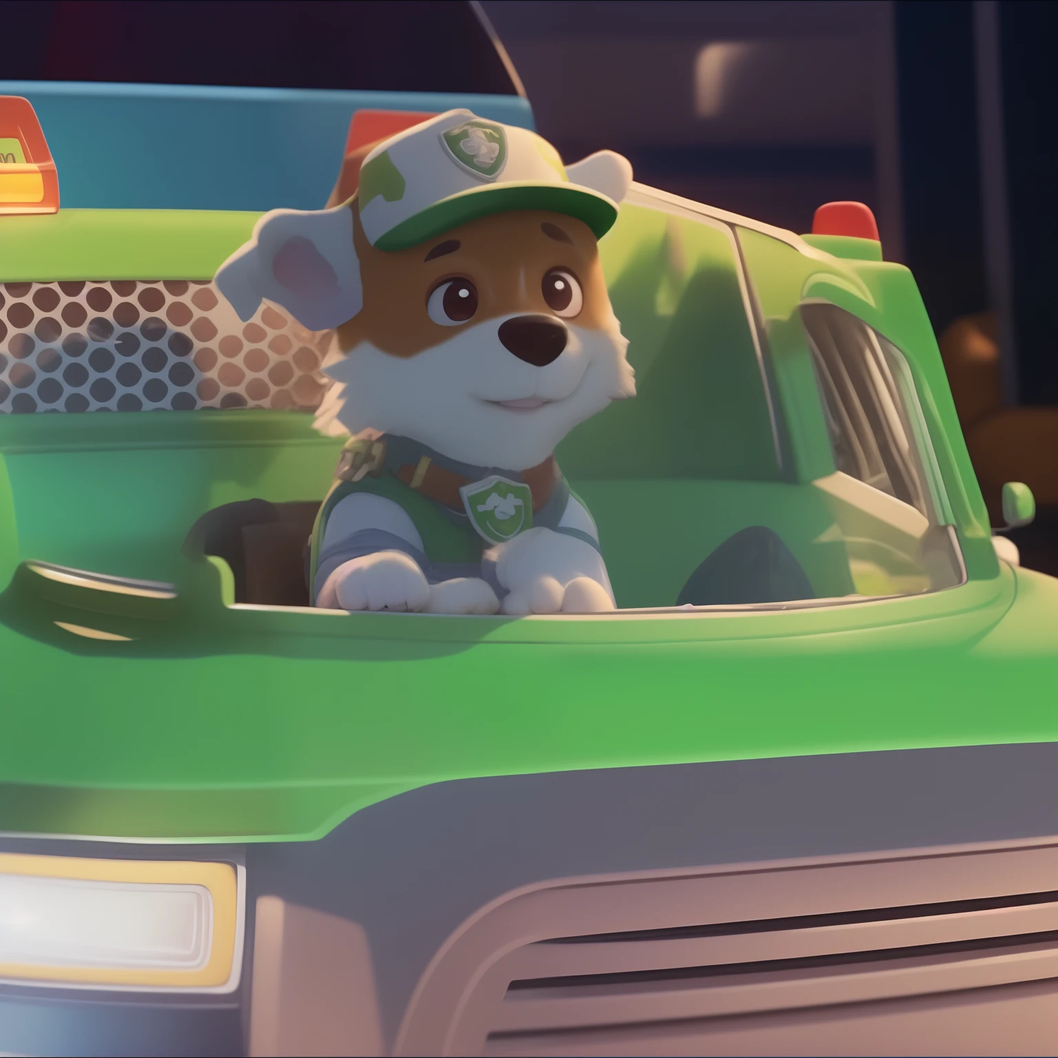 Close-up of a dog in a green truck with a hat, paw patrol