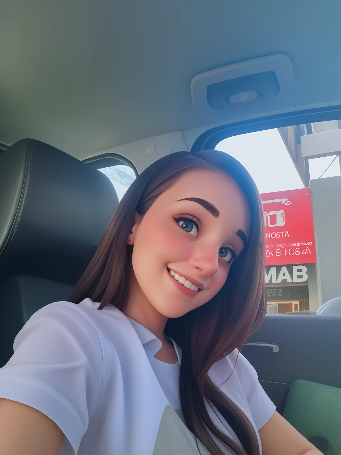 Uma mulher de 18 anos, com cabelos castanhos curtos, Rosto redondo, rosto redondo com sorriso encantador, e olhos castanhos escuros,