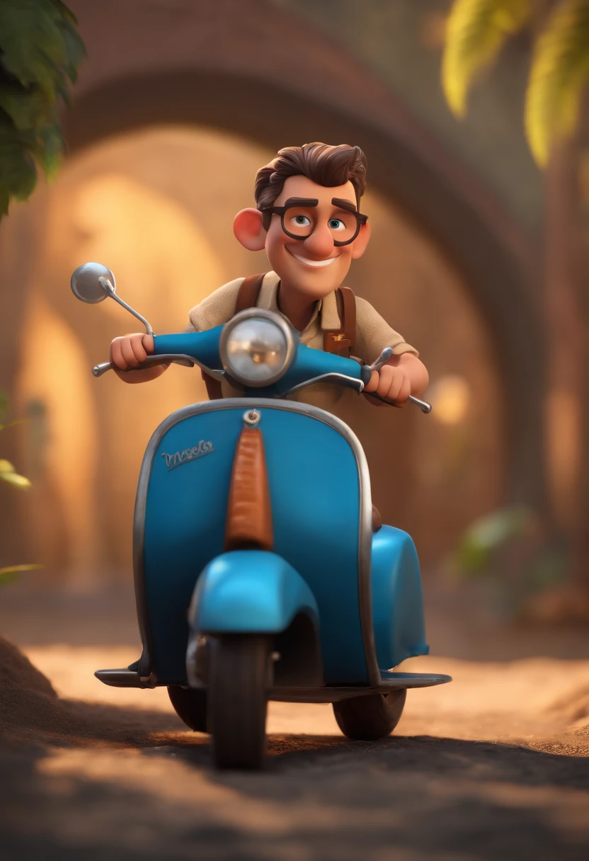 Pixar style character of man in blue sitting on a rusty vespa, jovem, barba e cabelos escuros, e uma camisa, carregando equipamentos de aventura com mochilanas costas, estilo indiana Jones, com fundo de natureza, animation character, Caractere estilizado, animation style rendering, 3D estilizado, Arnold Maya render, 3 d render stylized, toon render keyshot, Personagem 3D, Personagem 3D, 3d rendering stylized, 3 d character render, personagem de desenho animado, Personagem de close up, Pose de personagem, (Estilo Pixar) (master part:1.2) (Bokeh) (melhor qualidade) (pele detalhada) (textura detalhada) (8k) (argila) (Cinematic lighting) (foco nítido