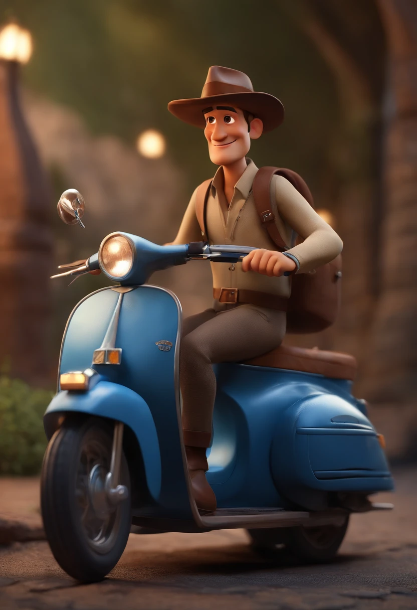 Pixar style character of man in blue sitting on a rusty vespa, jovem, barba e cabelos escuros, e uma camisa, carregando equipamentos de aventura com mochilanas costas, estilo indiana Jones, com fundo de natureza, animation character, Caractere estilizado, animation style rendering, 3D estilizado, Arnold Maya render, 3 d render stylized, toon render keyshot, Personagem 3D, Personagem 3D, 3d rendering stylized, 3 d character render, personagem de desenho animado, Personagem de close up, Pose de personagem, (Estilo Pixar) (master part:1.2) (Bokeh) (melhor qualidade) (pele detalhada) (textura detalhada) (8k) (argila) (Cinematic lighting) (foco nítido
