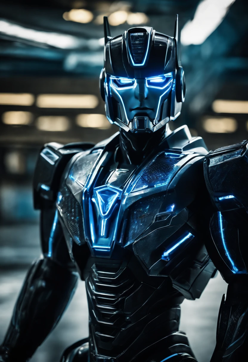 Tron Combined with Optimus Prime transformer, tron legacy, battle pose, crystal clear image, intricate details, close up, battle scars, black and Blue themed, simulation world,