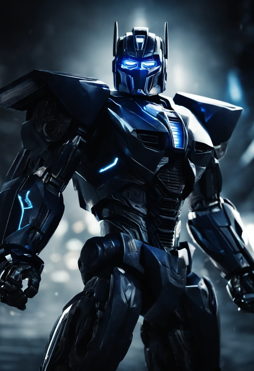 Tron Combined with Optimus Prime transformer, tron legacy, battle pose, crystal clear image, intricate details, close up, battle scars, black and Blue themed, simulation world,