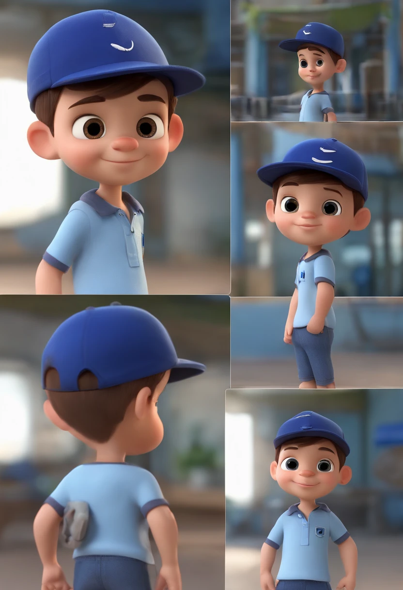 A happy cute boy standing short hair with dark blue cap , vestindo uma camisa azul , , fundo branco, barnet, Tom, Estilo Pixar, ......3d, desenhos animados, rosto detalhado, asymmetrical 16k