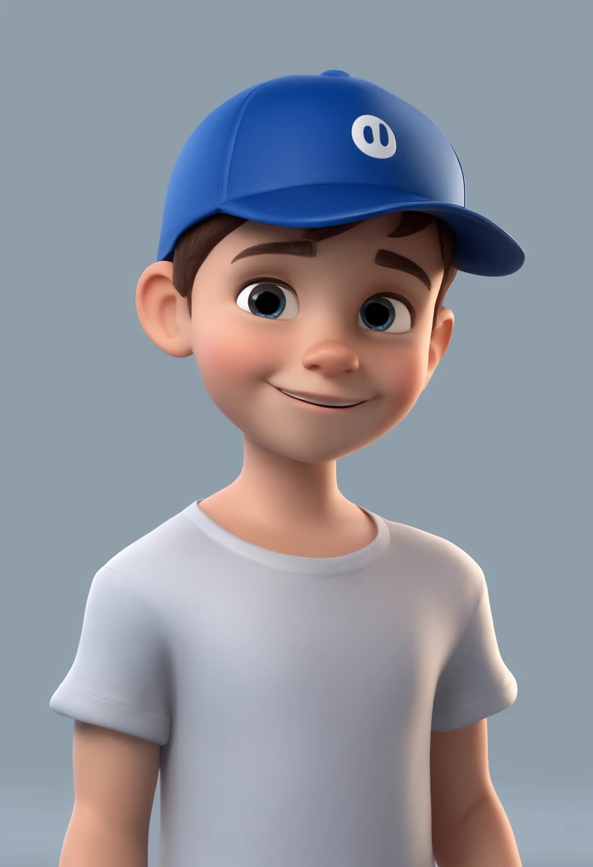 A happy cute boy standing short hair with dark blue cap , vestindo uma camisa azul , , fundo branco, barnet, Tom, Estilo Pixar, ......3d, desenhos animados, rosto detalhado, asymmetrical 16k