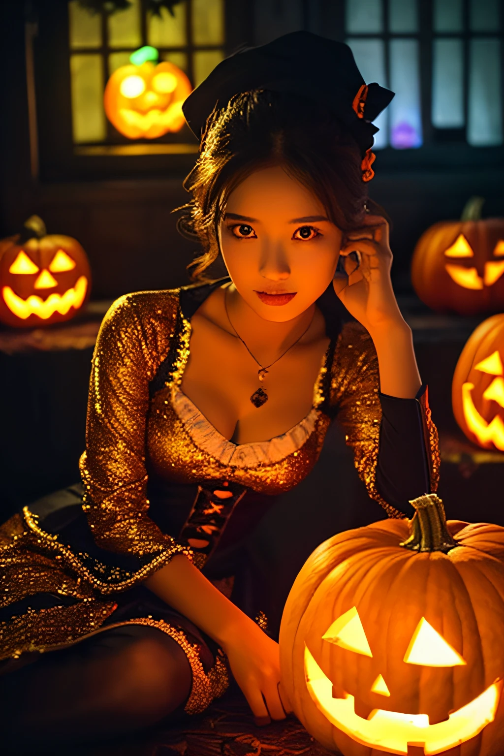The image will be captured using a professional DSLR camera, with careful attention to lighting and composition. The scene will be lit with warm, diffused lighting to enhance the Halloween ambiance. The colors will be rich and vibrant, capturing the intricate details of the costume and the enchanting glow of the pumpkin lantern.