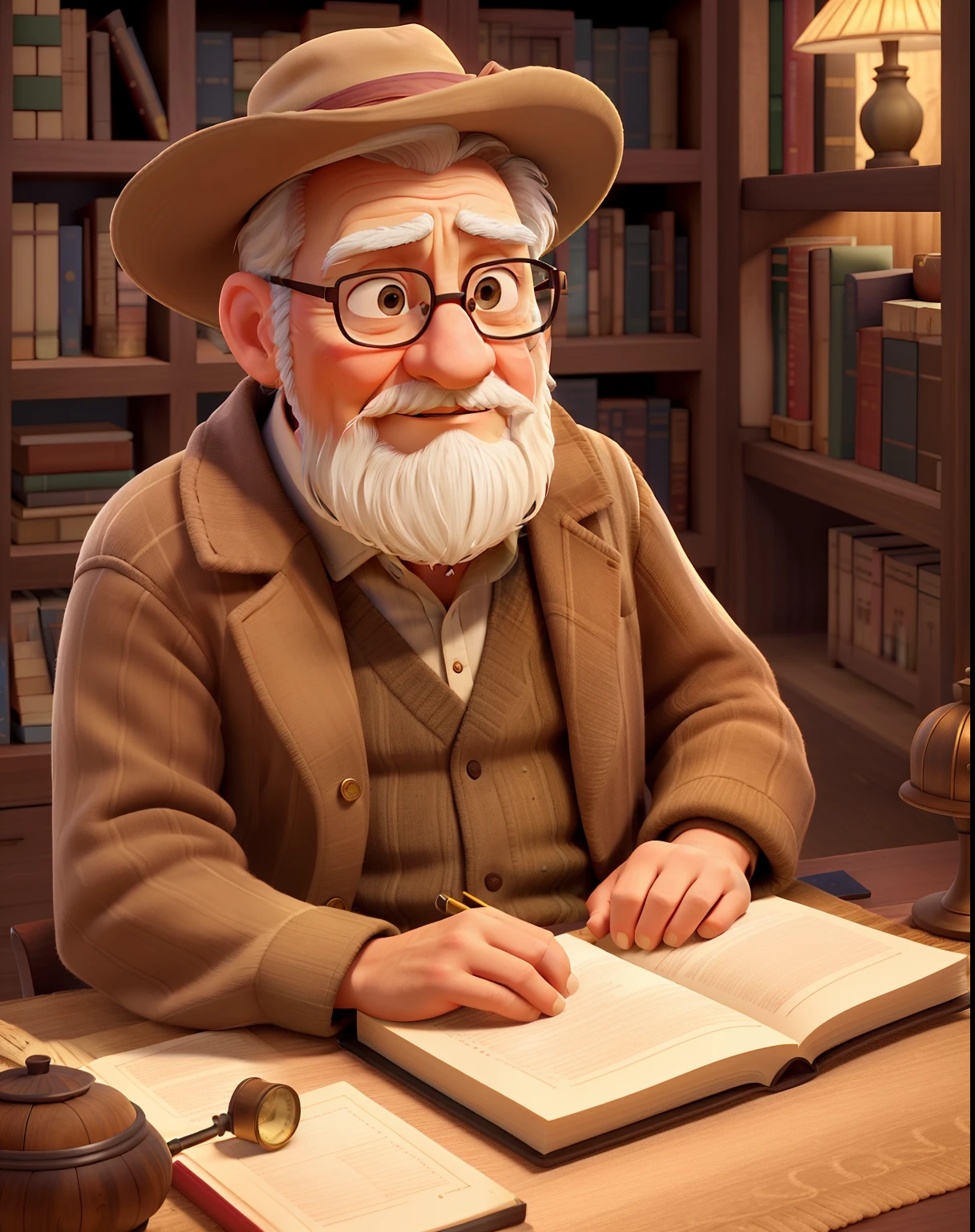 "(best quality,highres,masterpiece:1.2),portrait of an old wise man standing in front,bathed in the light of a lamp,[illuminated:0.9,softly illuminated:1.1,gentle glow],with a backdrop of a grand library scrolls and books,   [with a wooden bookshelf covered in dust],[with a desk filled with ancient manuscripts],[with a wooden ladder leading to higher shelves],[with a stained glass window casting colorful patterns],[with a cozy armchair and a fireplace in the corner], [with a magnifying glass in hand],[wearing a long flowing robe and a wide-brimmed hat],[with long white beard and gray hair], [intense gaze and wrinkled brow,deep wisdom][surrounded by an air of mystery and knowledge].portrait style: [artistic realism],[oil painting],[aged sepia tone],[impressionism],[old master portrait].lighting: [dramatic chiaroscuro lighting],[soft diffused light],[warm golden light].color palette: [rich warm tones],[subtle earthy colors],[deep shadows and vibrant highlights], [a touch of gold and burgundy].Keywords to get detailed information about the picture（These keywords are used to obtain detailed details of the picture）：[fine texture of the old man's skin],[every wrinkle and crease on his face],[the flickering flame of the lamp],[delicate brushwork on the books and scrolls],[intricate patterns on the carpet],[subtle reflections on the wooden surfaces], [the scent of old books and incense in the air],[authentic vintage feel]."